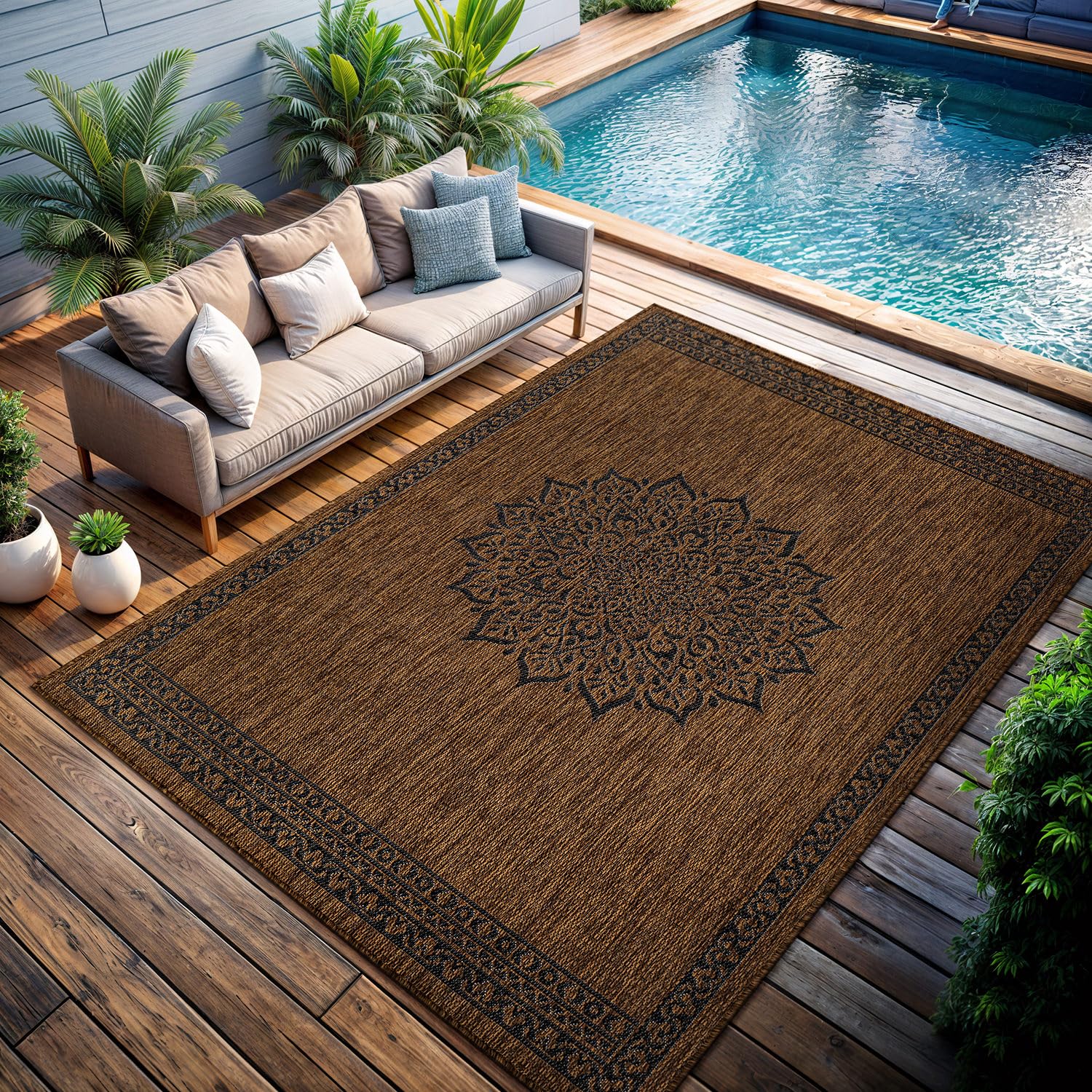 CAMILSON Outdoor Rug 6x9 Medallion Gold with furniture