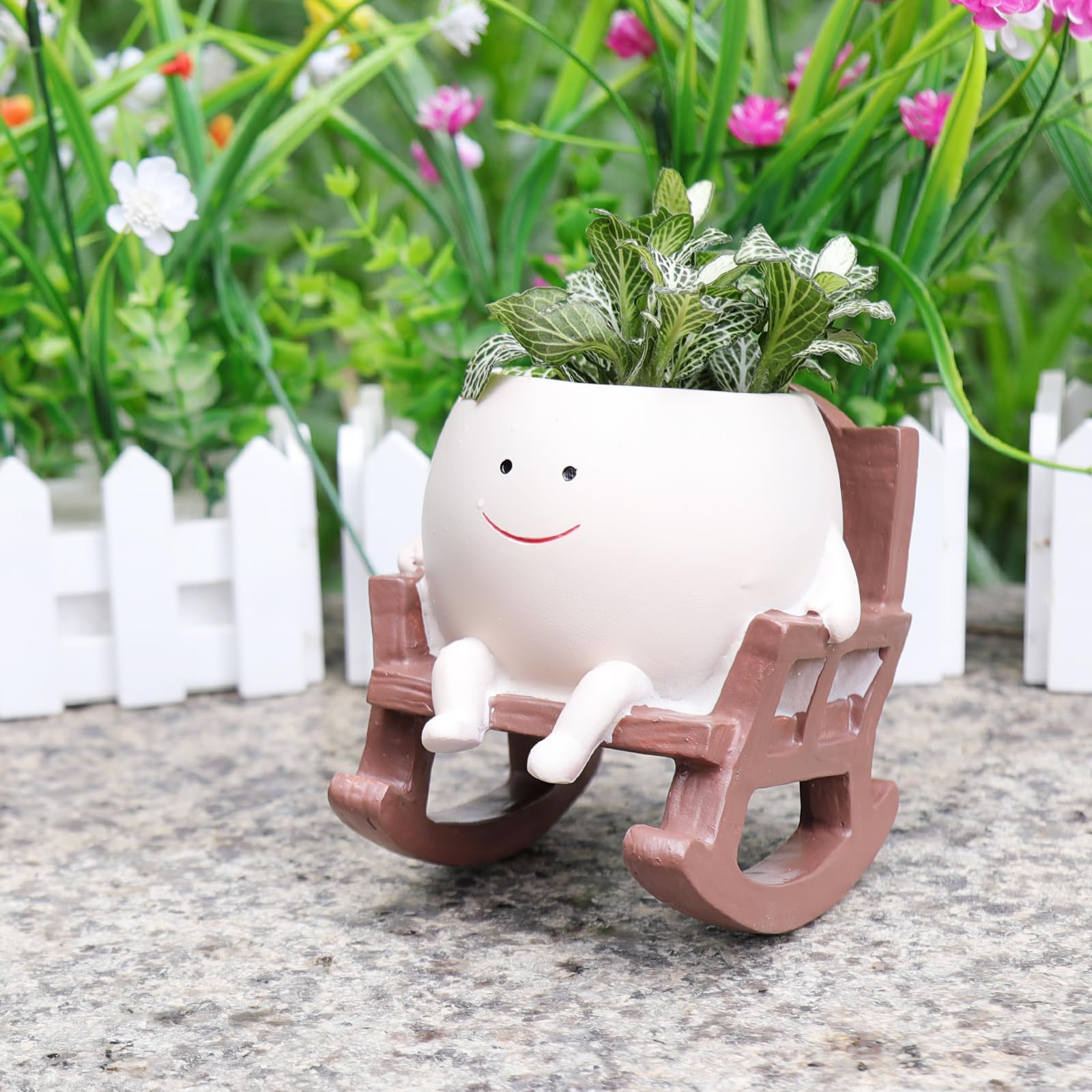 Camotank Smiley Face Rocking Chair Planter with succulents