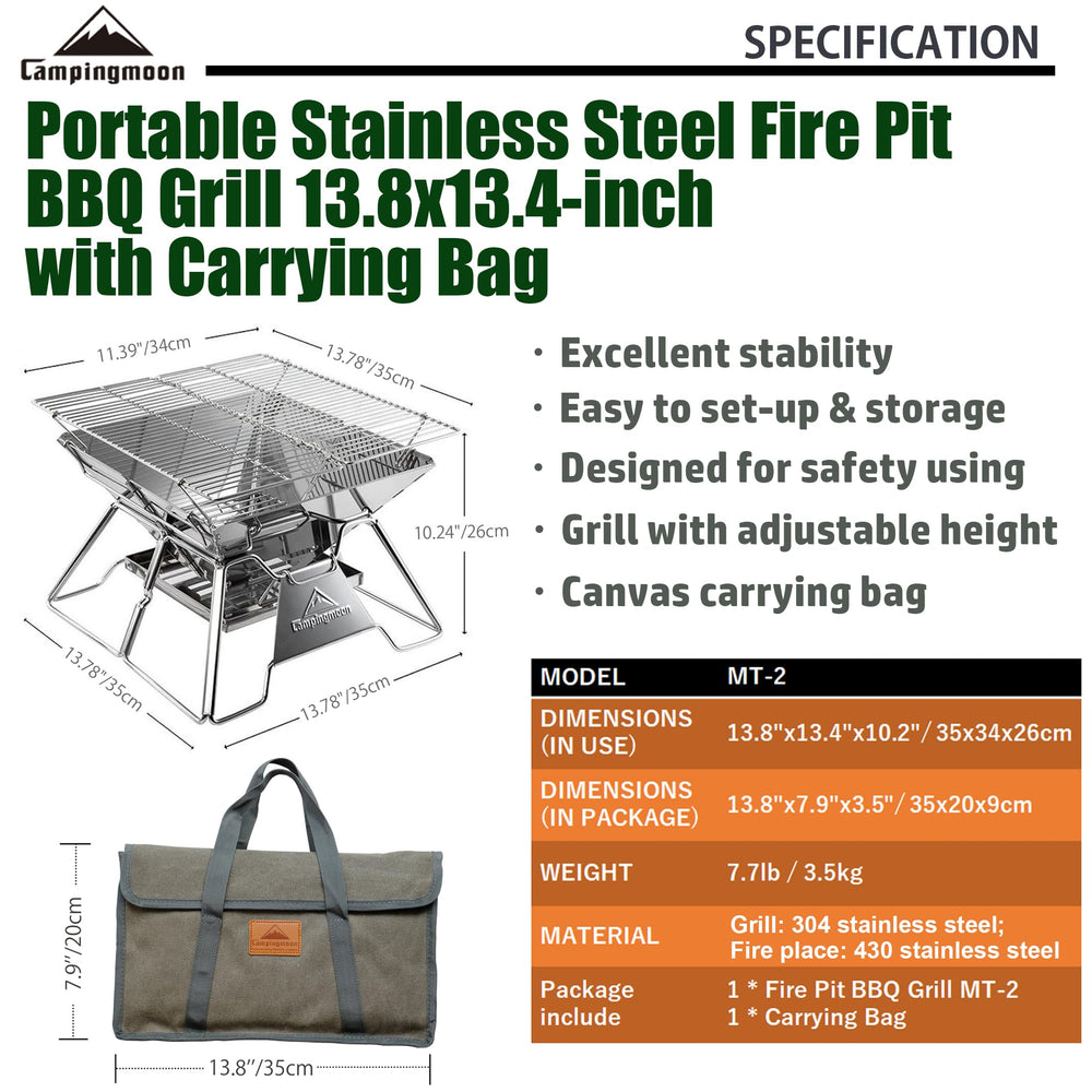 Camping Moon Portable Fire Pit Grill 14 Inch side view