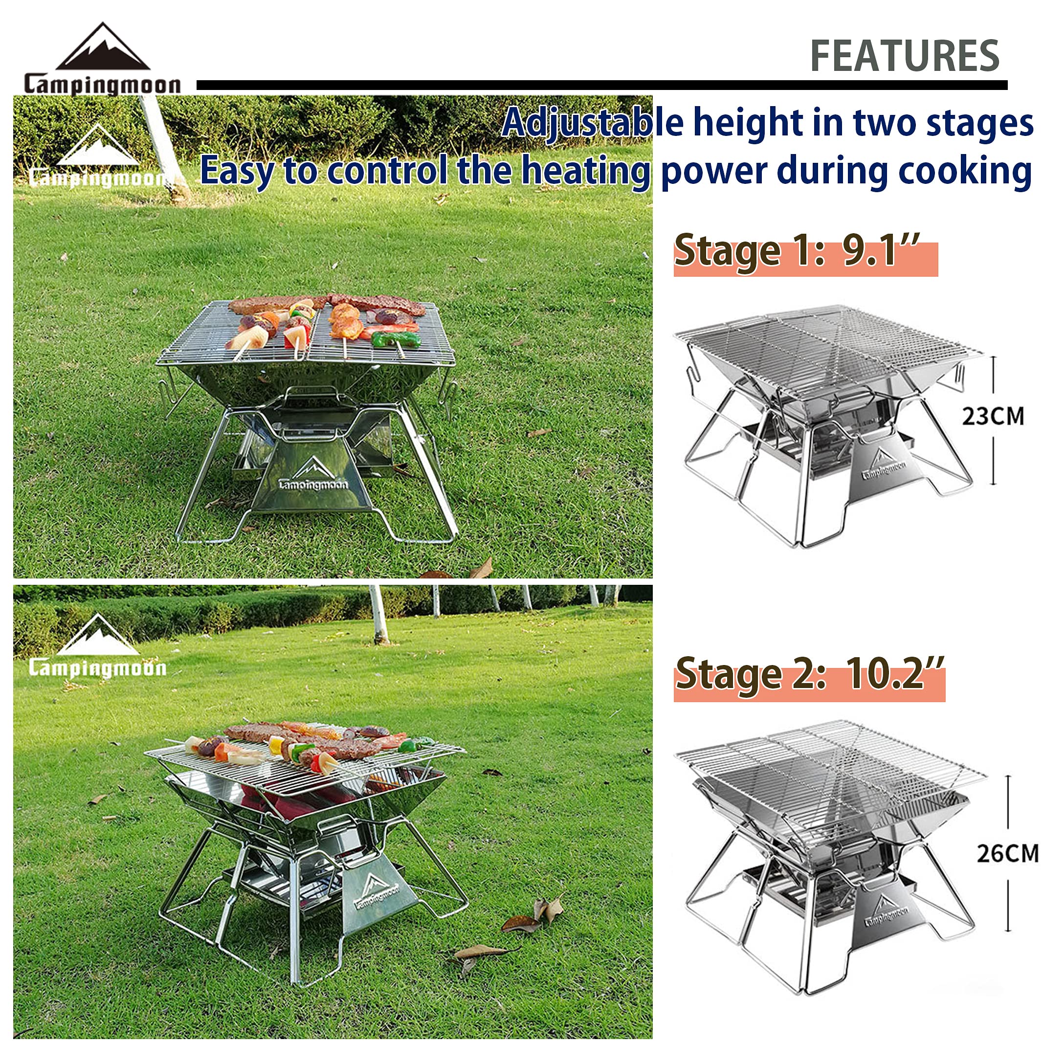 Camping Moon Portable Fire Pit Grill with food cooking