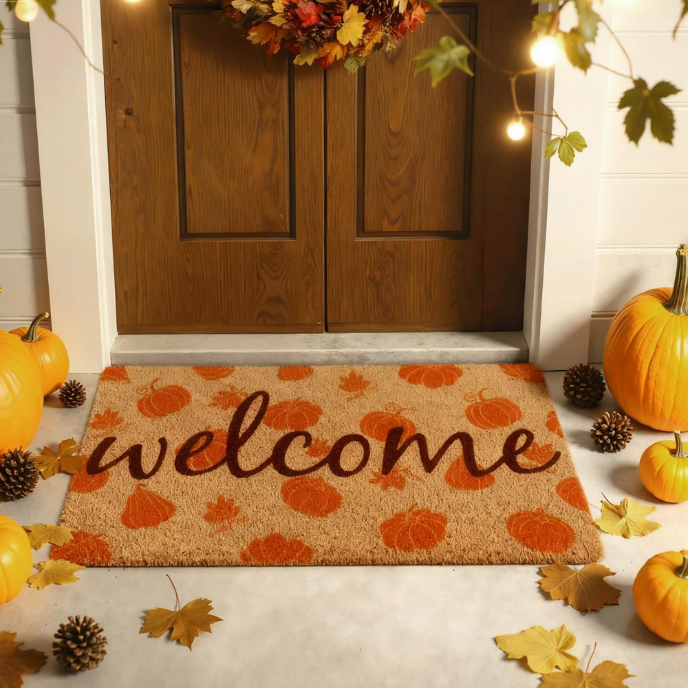 CandyHome Fall Door Mat with welcome text and pumpkin