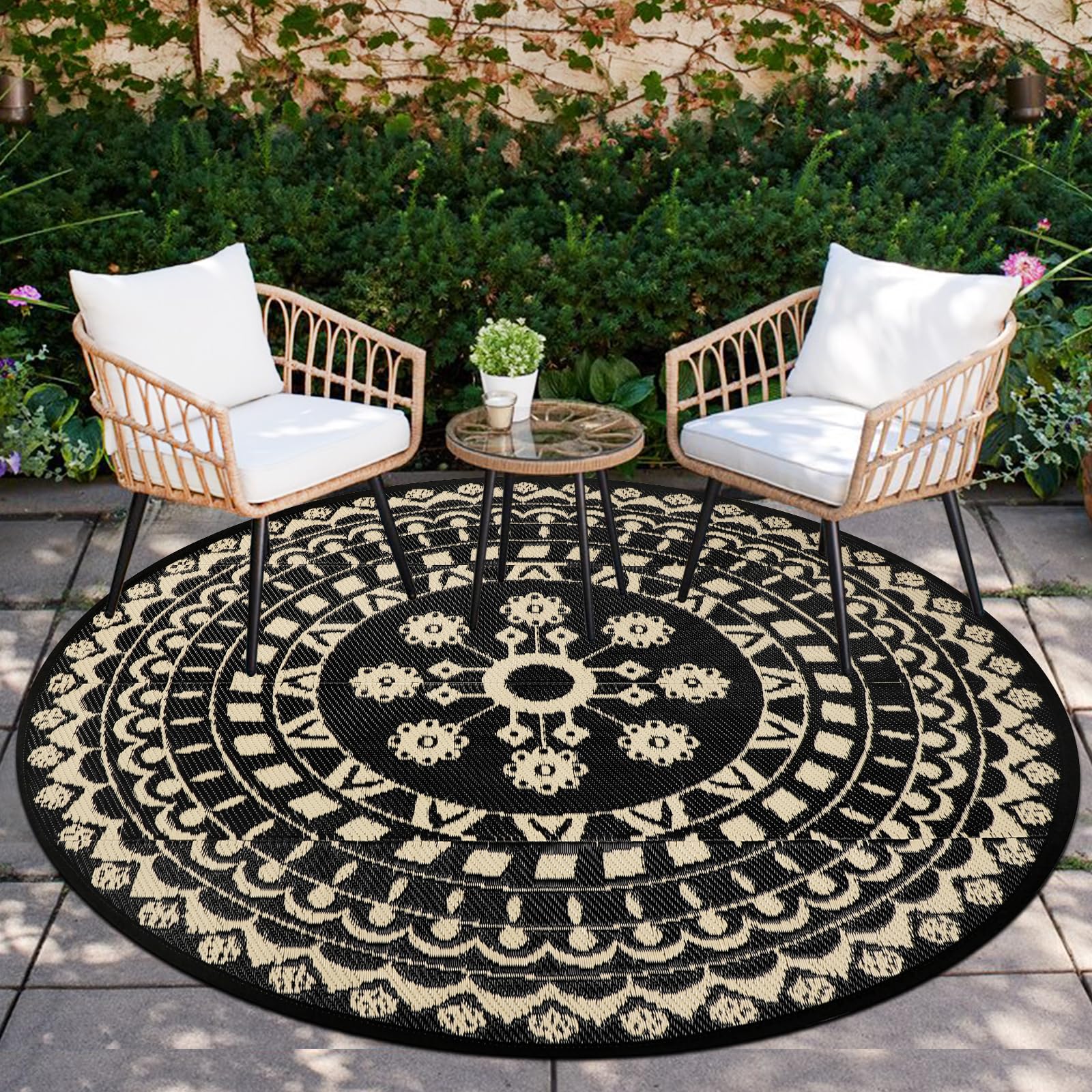 Capslpad 6' Round Outdoor Reversible Mat in beige front view