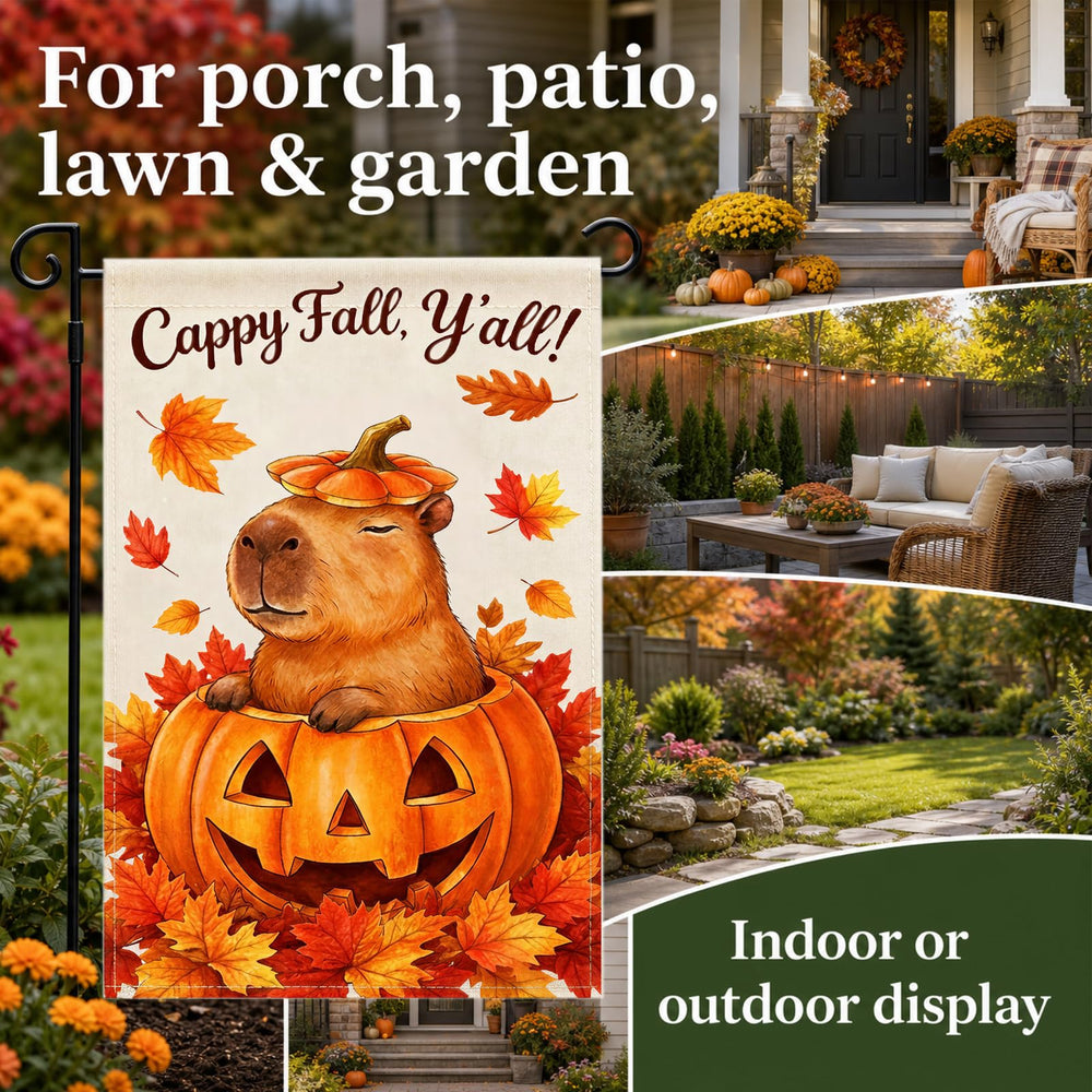 Capybara Garden Flag on display in a garden setting