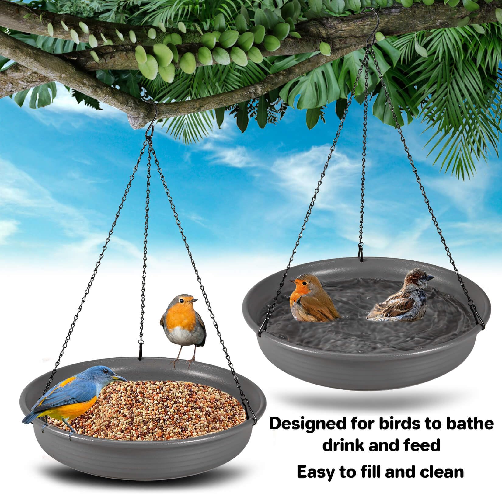 CARGEN Hanging Bird Bath Bowl side view with hanging chains