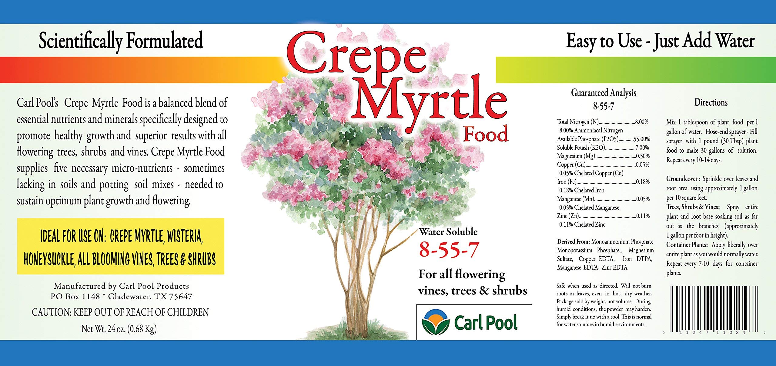 Carl Pool Crepe Myrtle Plant Food packaging and details