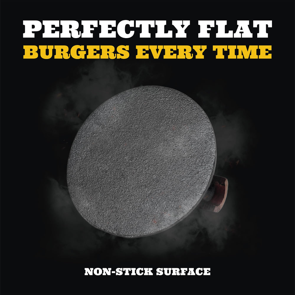 Cast iron burger press placed on a grill