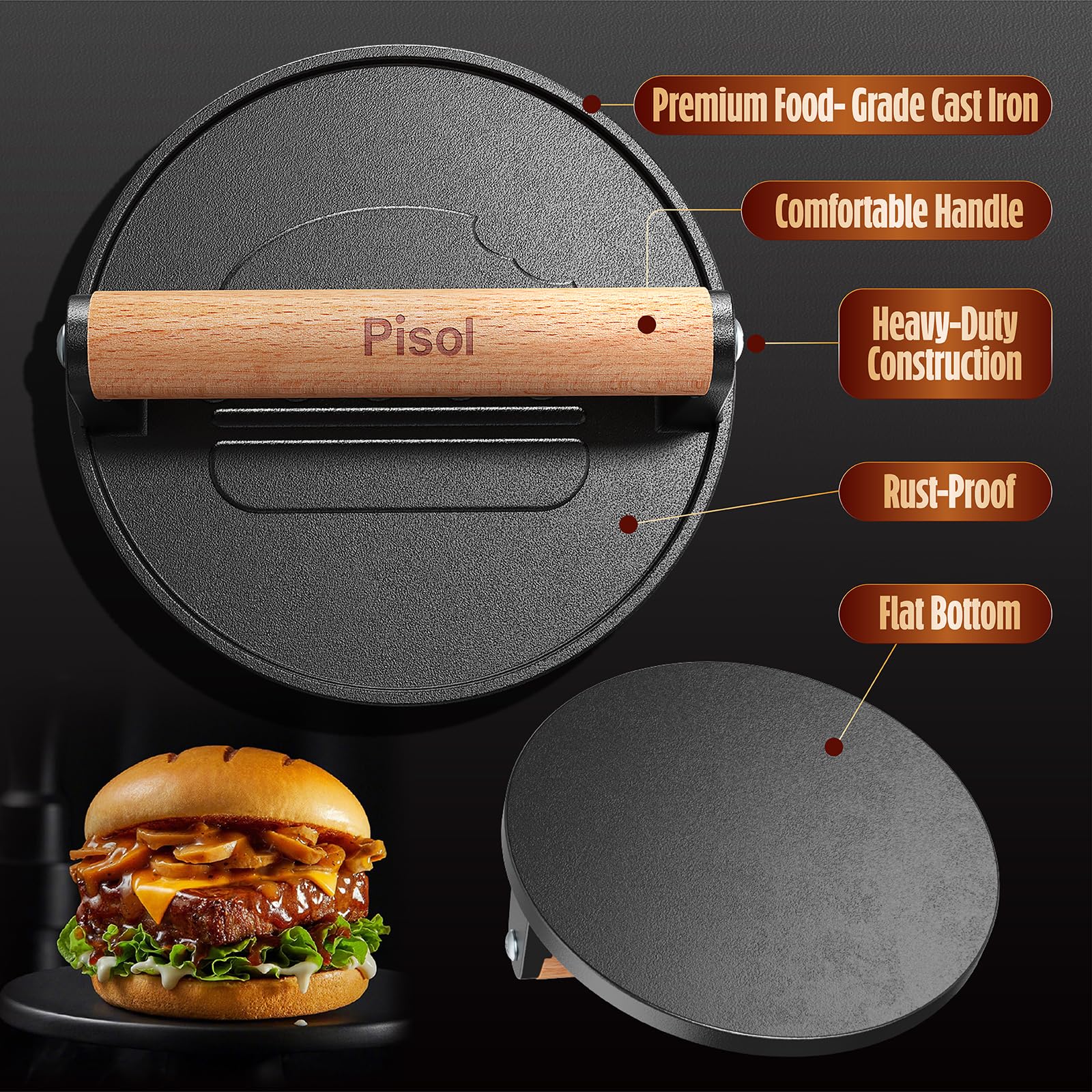 Cast iron smash burger press on a grill