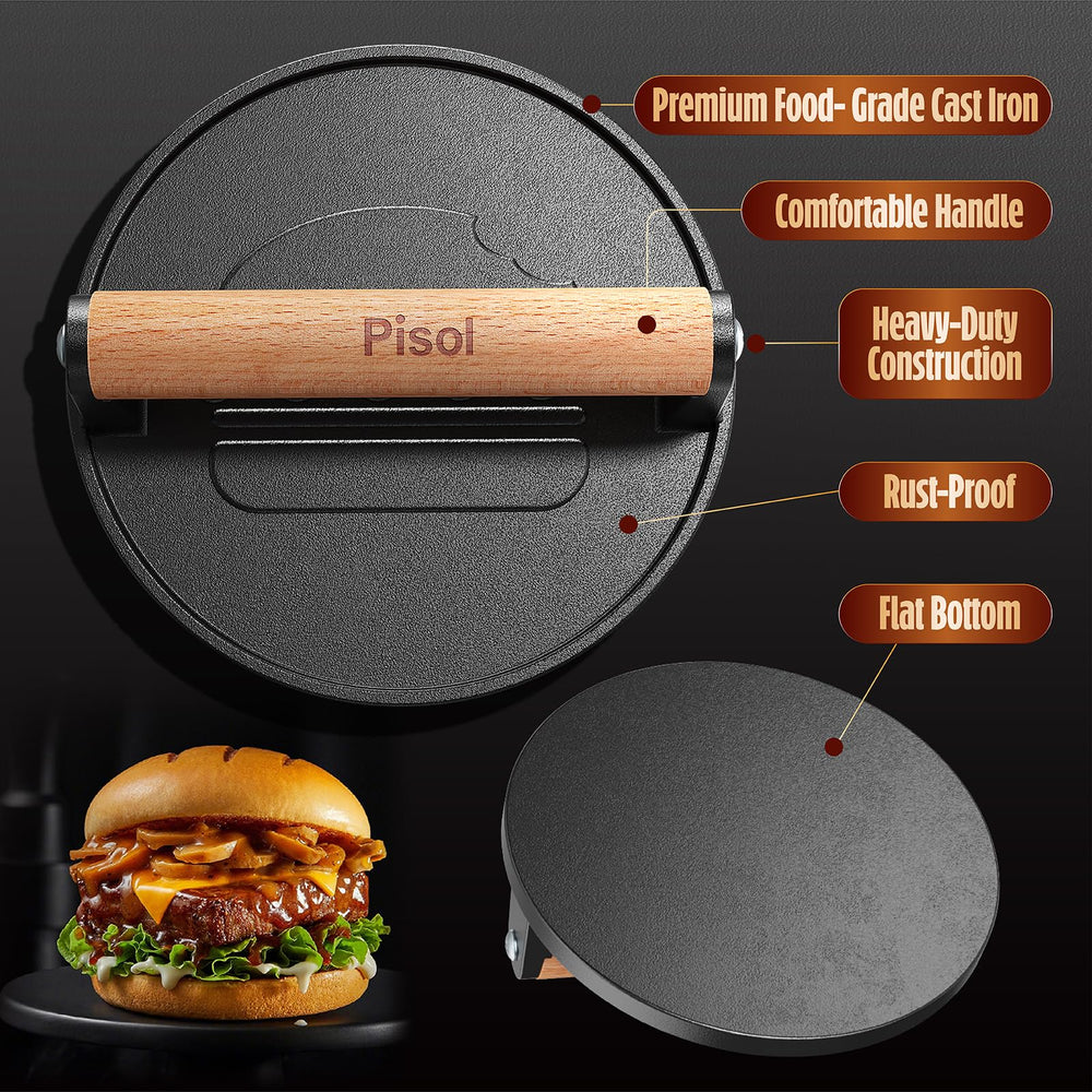 Cast iron smash burger press on a grill