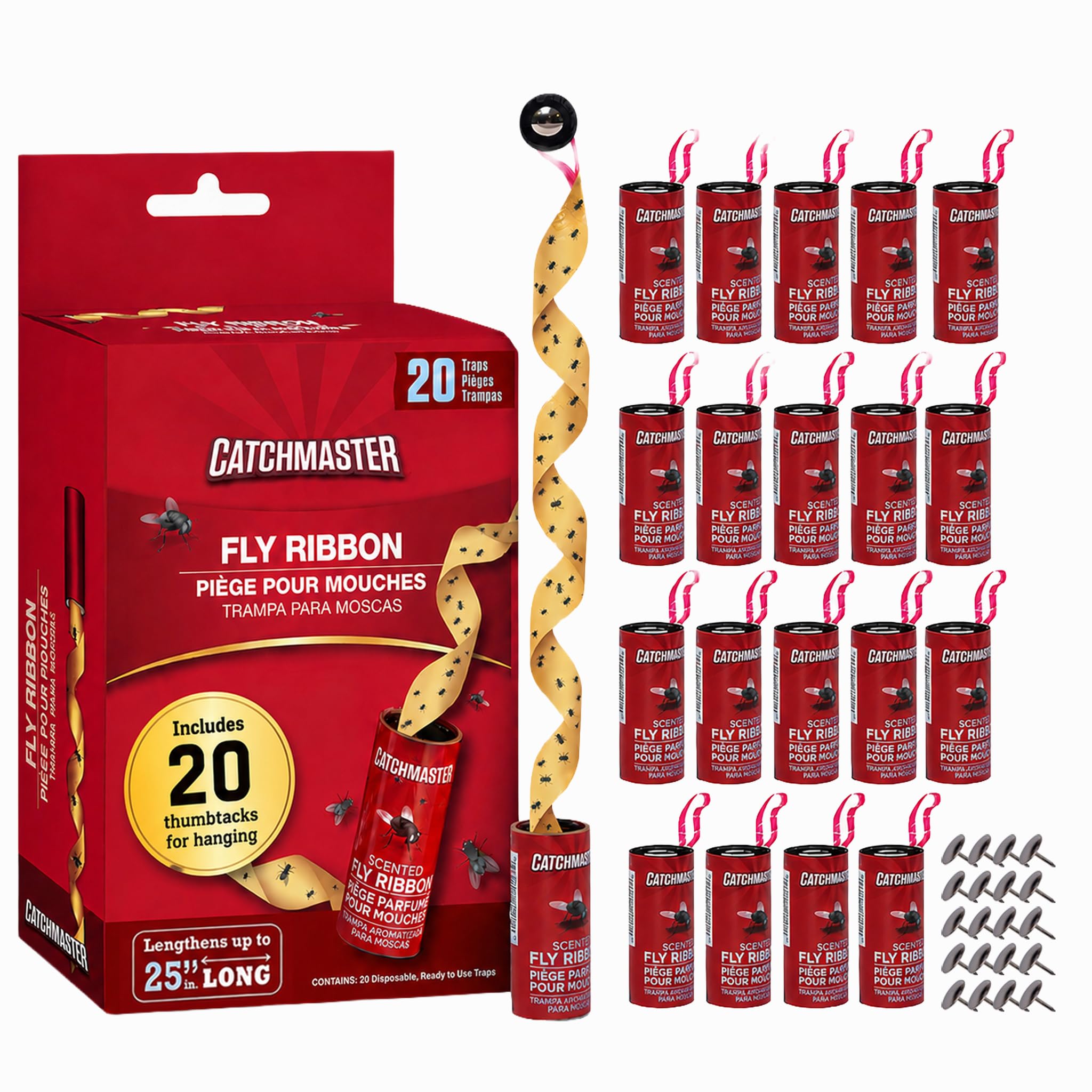 Catchmaster Fly Ribbon 20 Pack, red adhesive fly strips front view