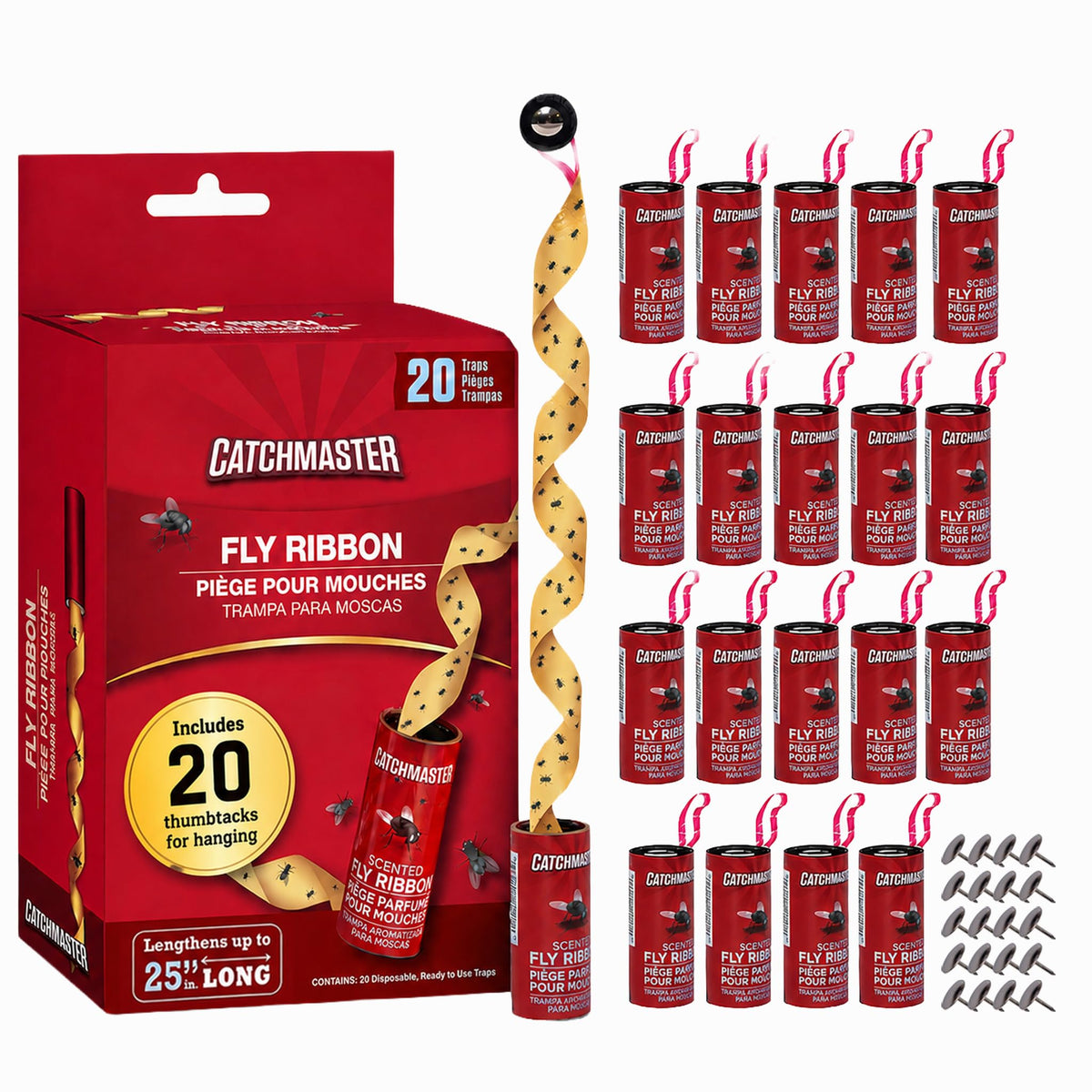 Catchmaster Fly Ribbon 20 Pack, red adhesive fly strips front view