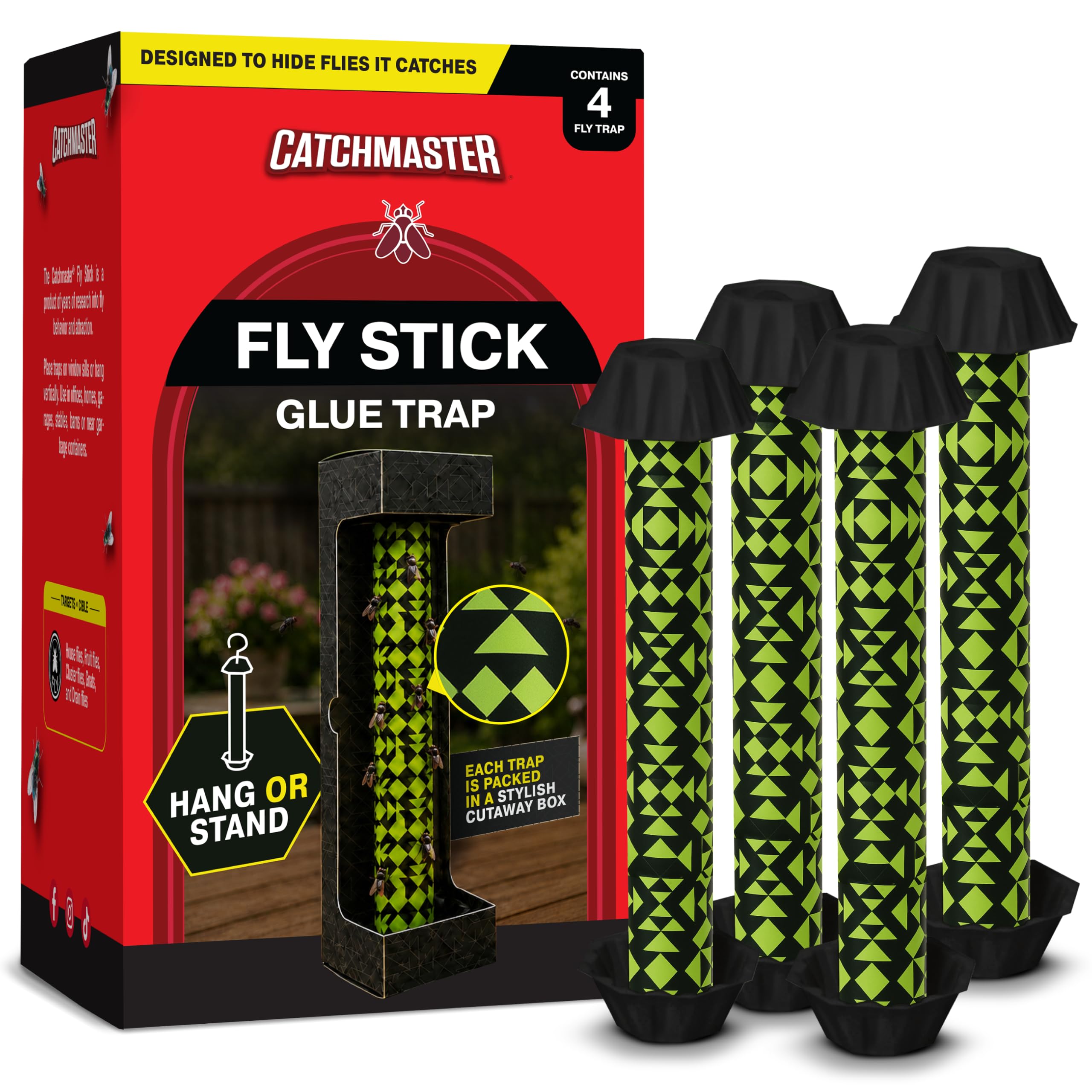 Catchmaster Fly Stick 4-Pack front view with green and black design