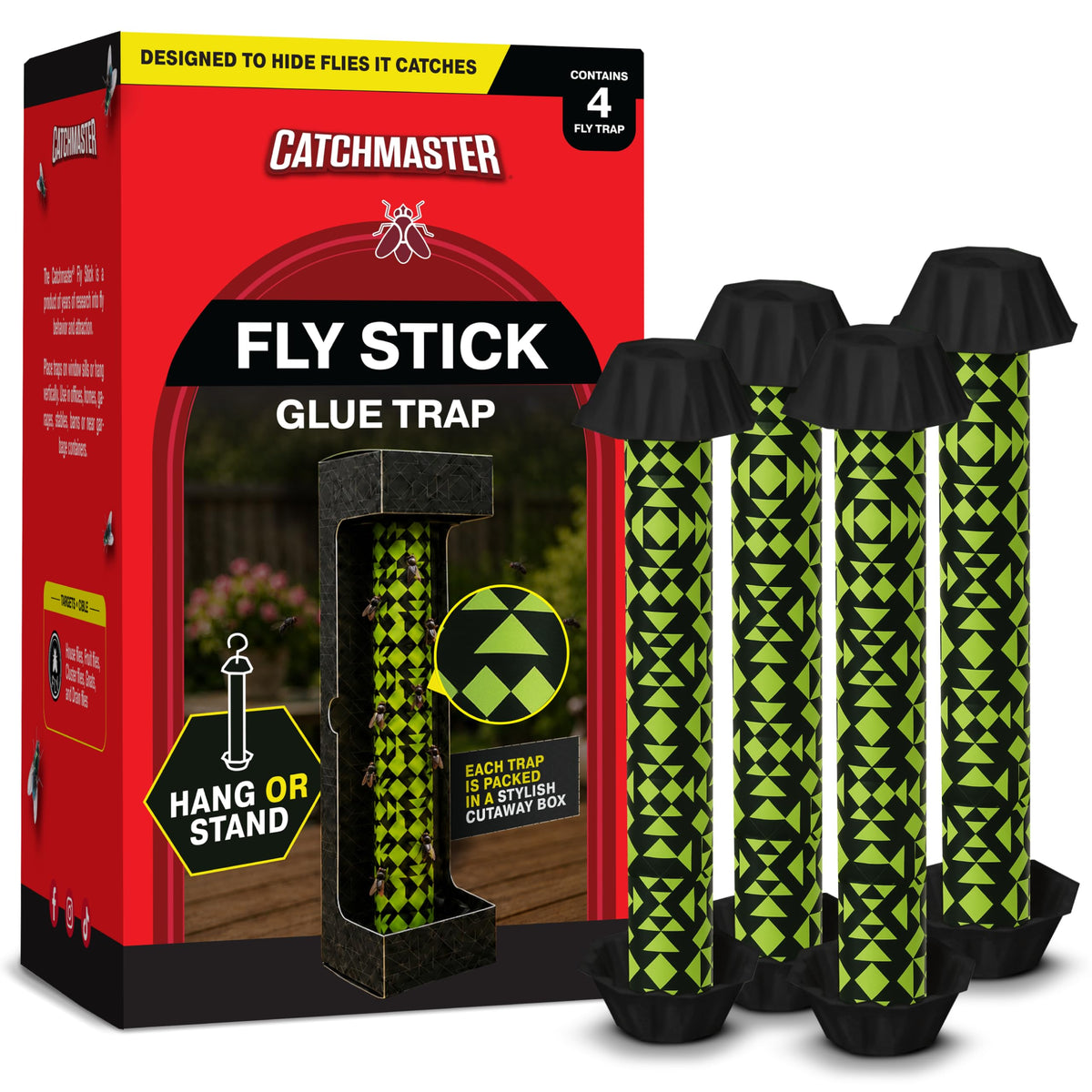 Catchmaster Fly Stick 4-Pack front view with green and black design