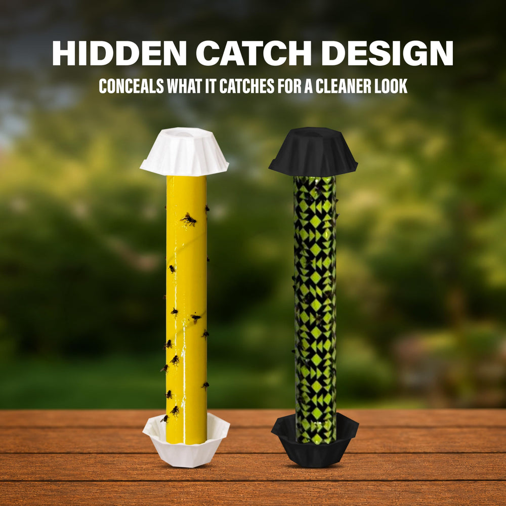 Catchmaster Fly Stick hanging outdoors on a patio