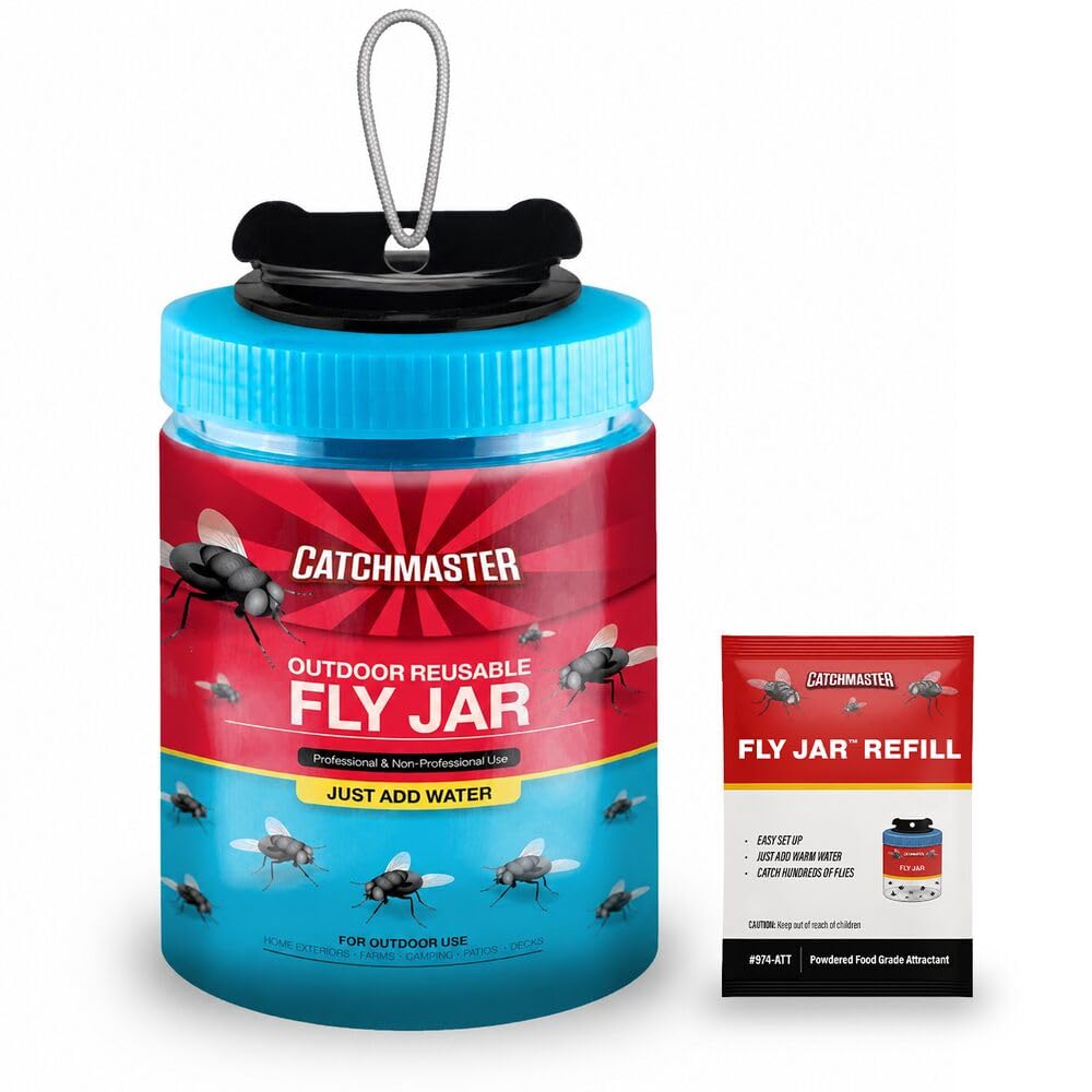 Catchmaster reusable outdoor fly trap blue jar front view