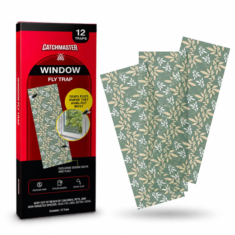 Catchmaster Window Fly Traps 12-Pack leaf print traps front view