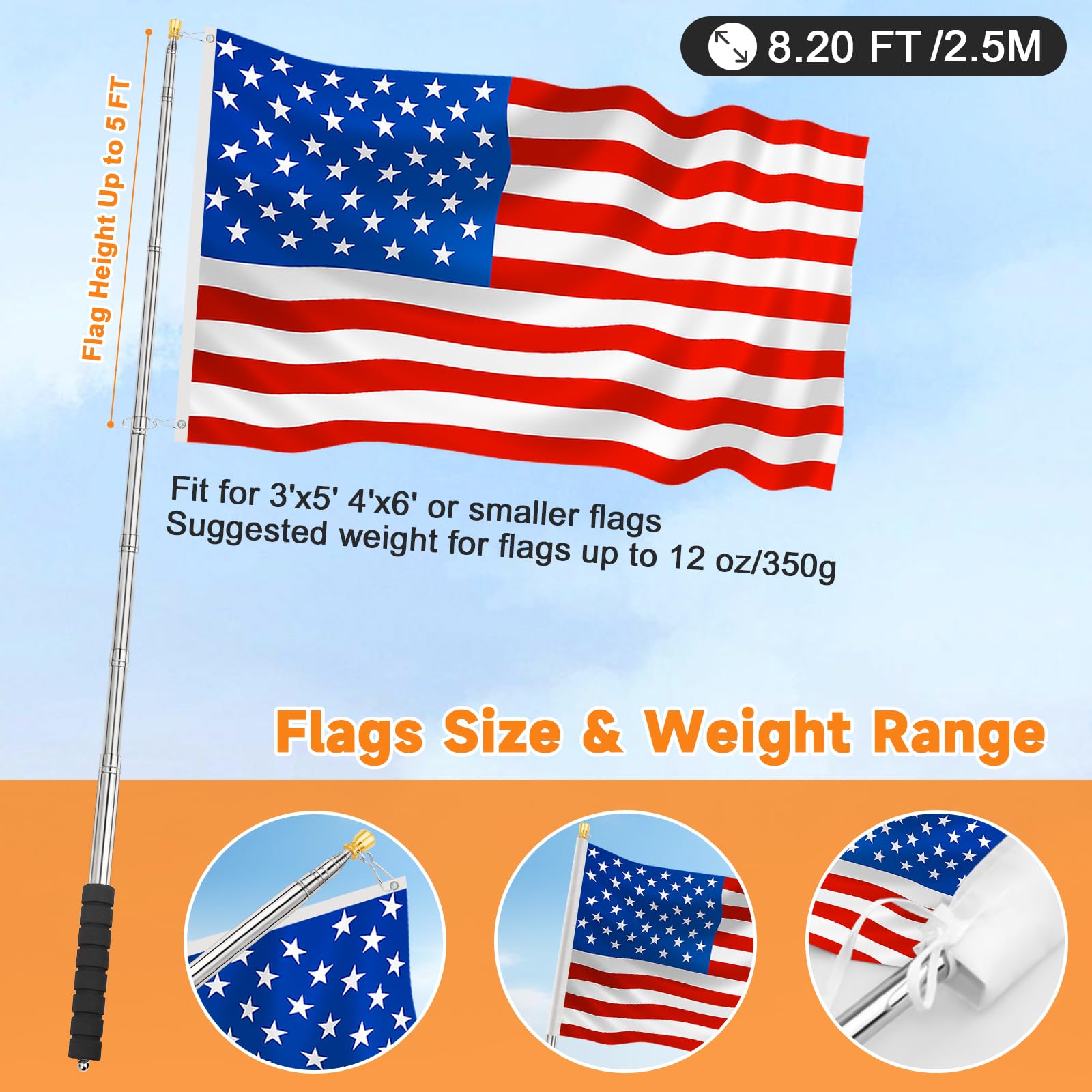 CATMOOW telescopic flag pole collapsed to 12.4 inches