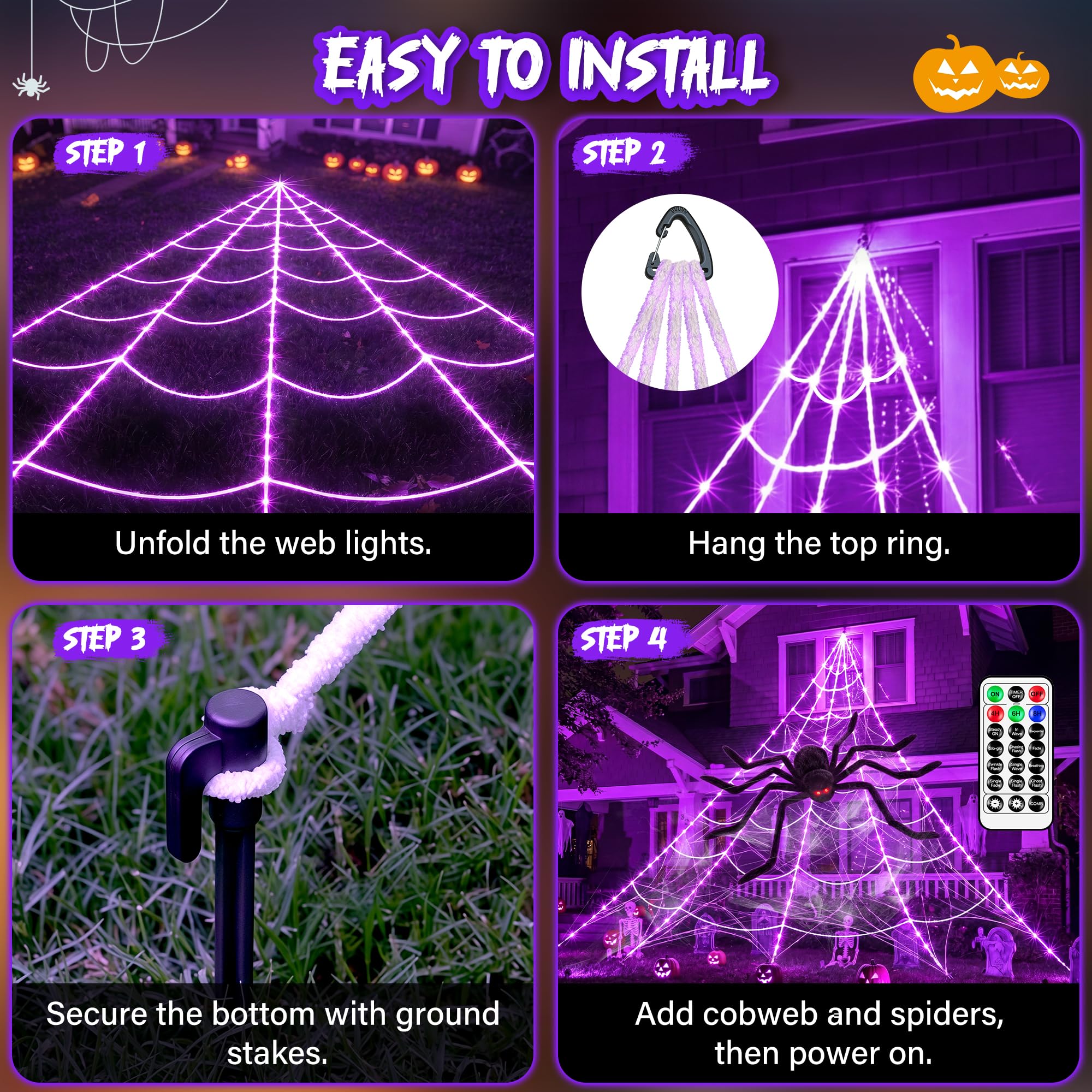 Ccinny Halloween Spider Web Lights showing various lighting modes