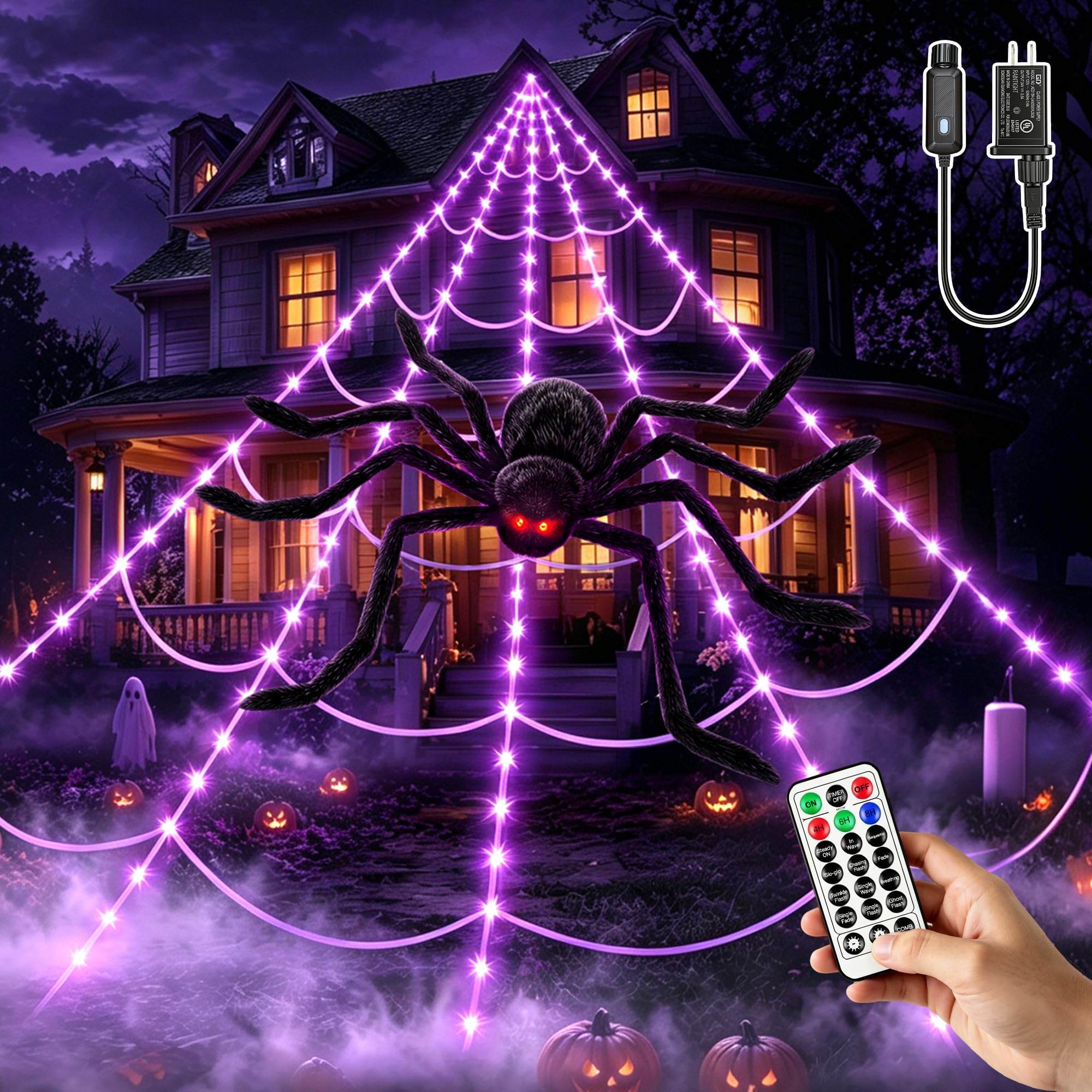 Ccinny Halloween Spider Web Lights with purple LEDs and a giant spider