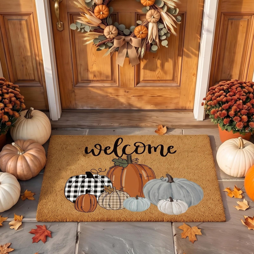 Ceenna Fall Coir Doormat vibrant pumpkin design front view
