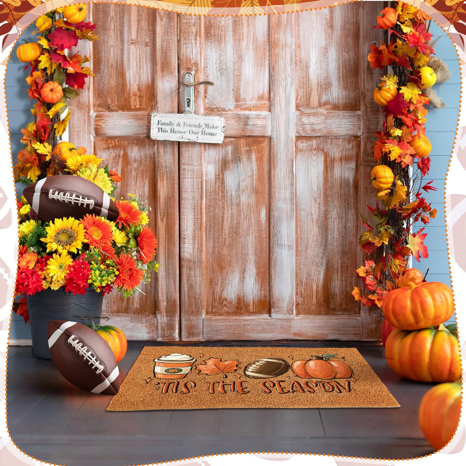 Ceenna Fall Pumpkin Doormat on a porch with autumn decor