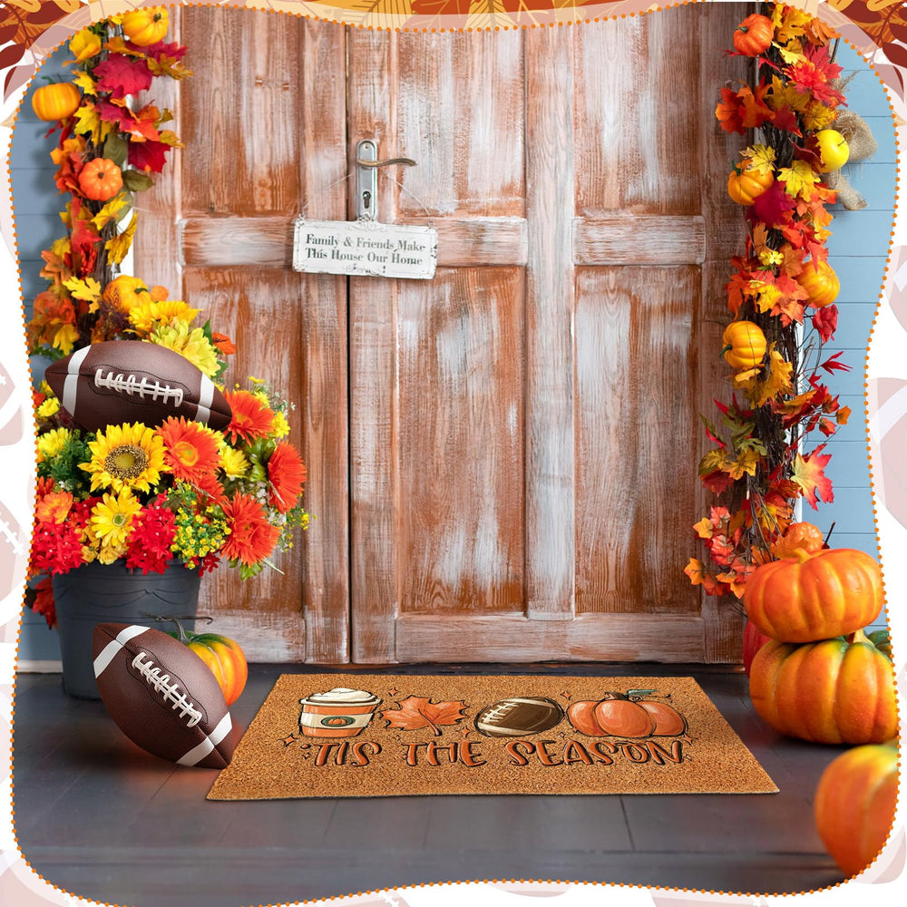 Ceenna Fall Pumpkin Doormat on a porch with autumn decor