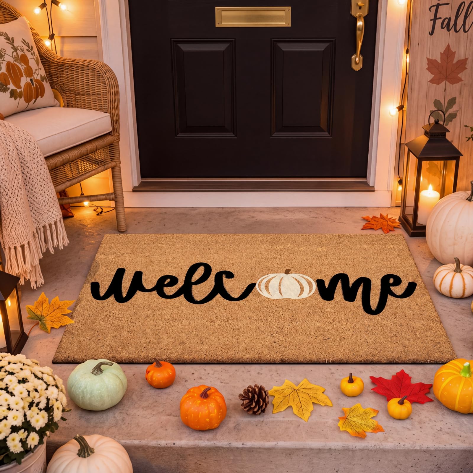 Ceenna Fall Welcome Doormat front view with pumpkin design