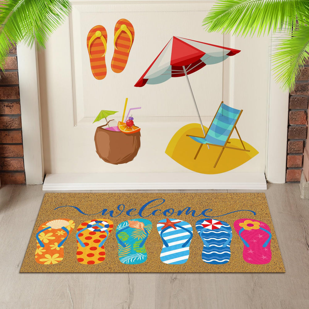 Ceenna Summer Flip Flops Coir Doormat displayed at an entryway