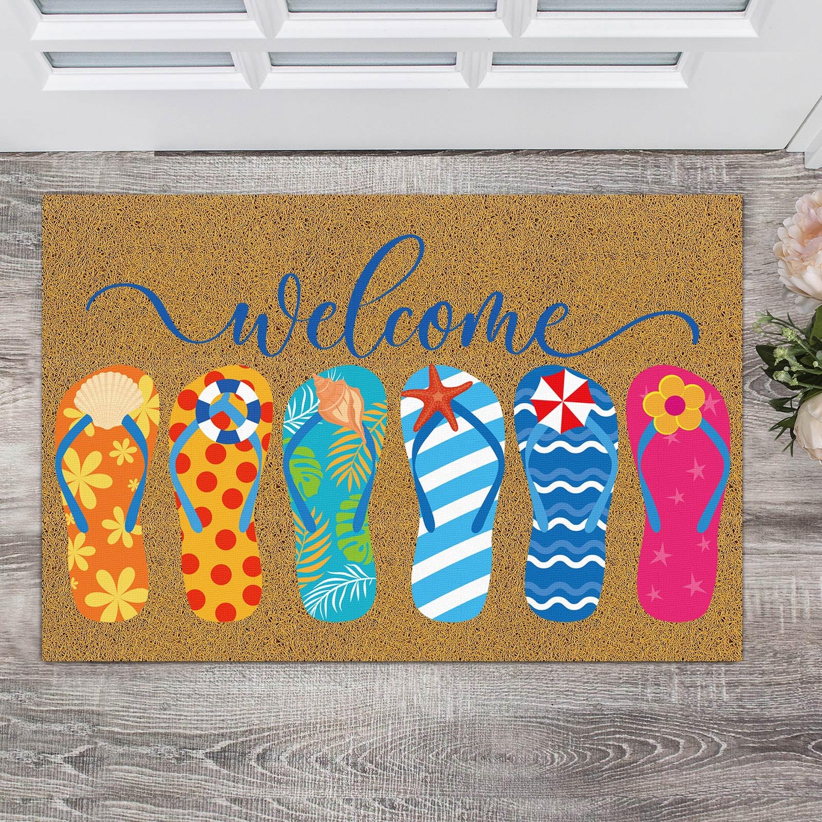Ceenna Summer Flip Flops Coir Doormat front view featuring vibrant summer design