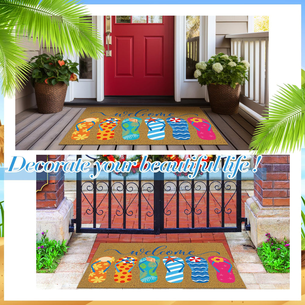 Ceenna Summer Flip Flops Coir Doormat in a garden setting