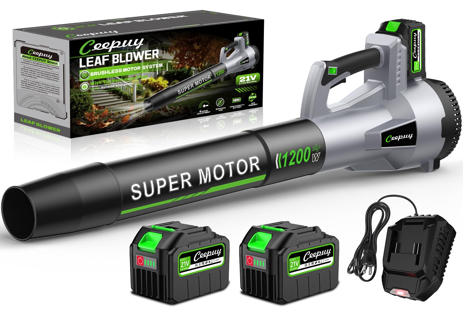 CEEPUY Brushless Cordless Leaf Blower front view with blower tube