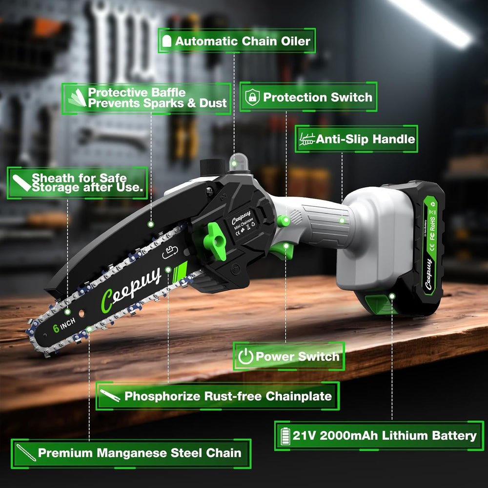 CEEPUY Mini Chainsaw cutting through wood