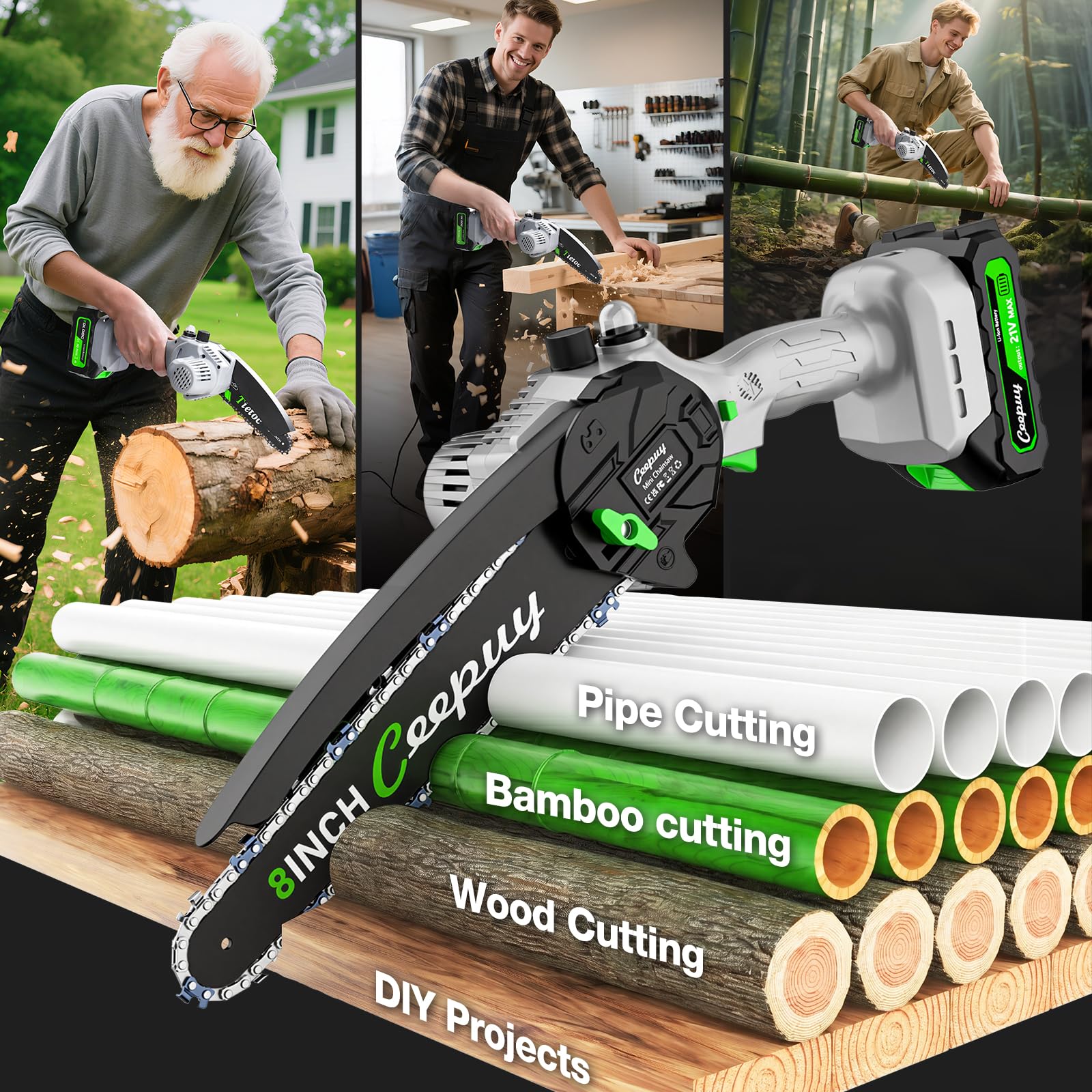 CEEPUY Mini Chainsaw in action cutting wood