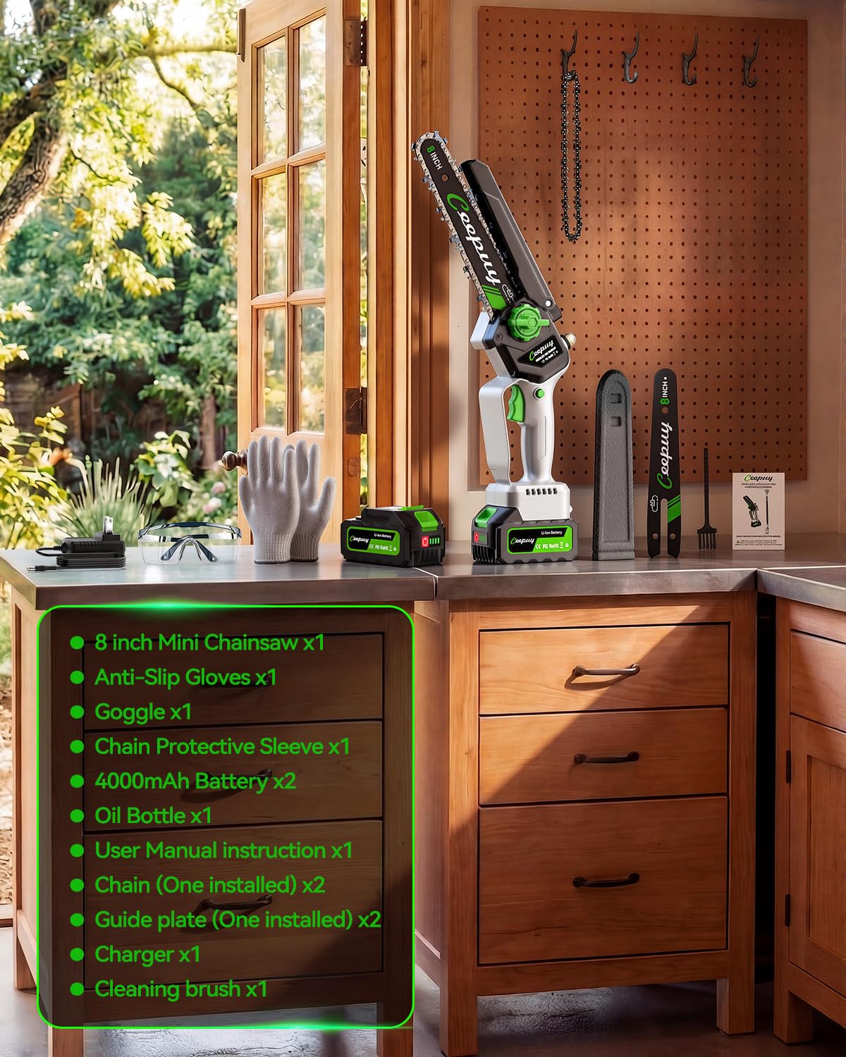 CEEPUY Mini Chainsaw with safety gloves and goggles