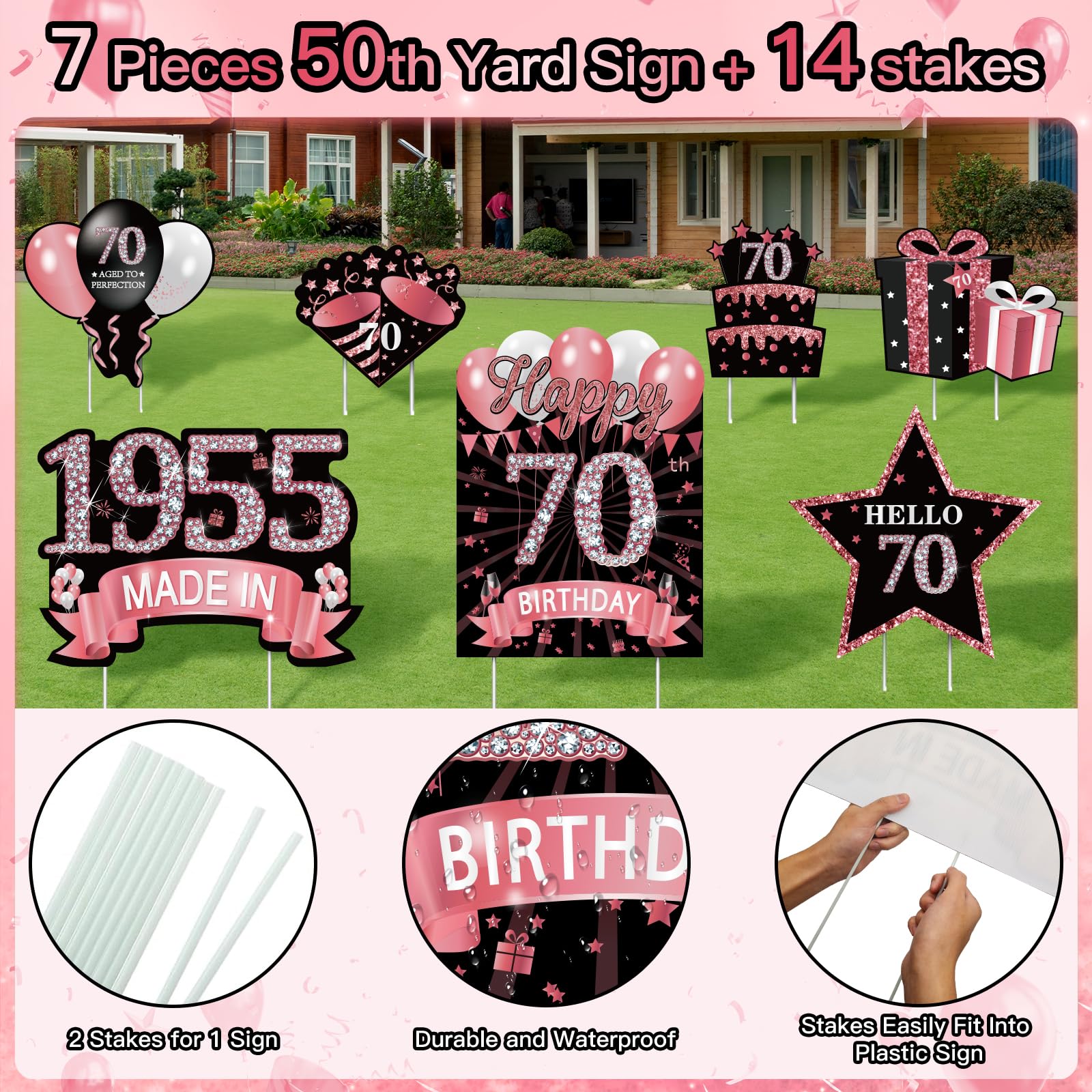 Celebration scene with rose gold birthday yard signs outdoors
