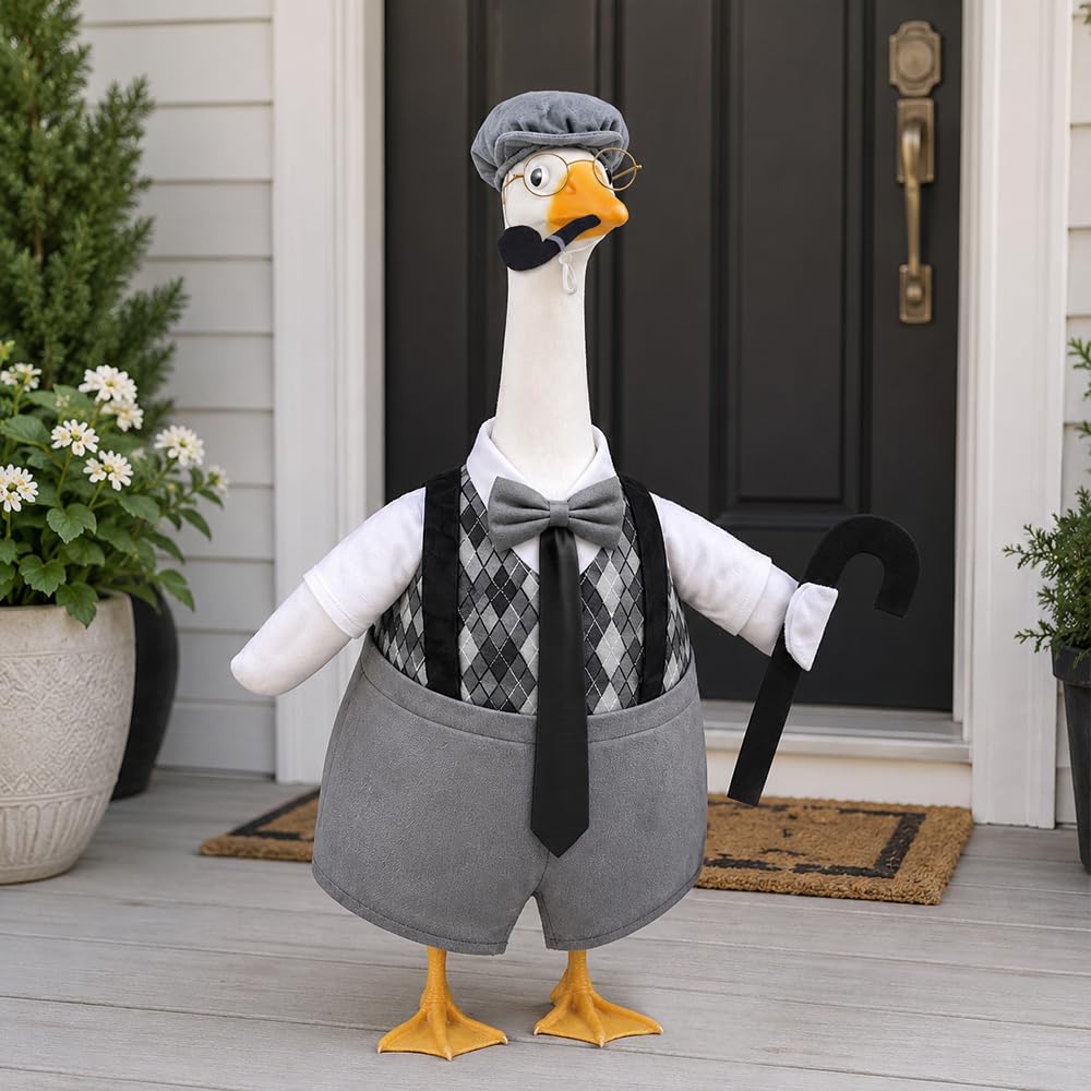 Celltestria Old Man Goose Outfit displayed on a standard 23-inch goose statue