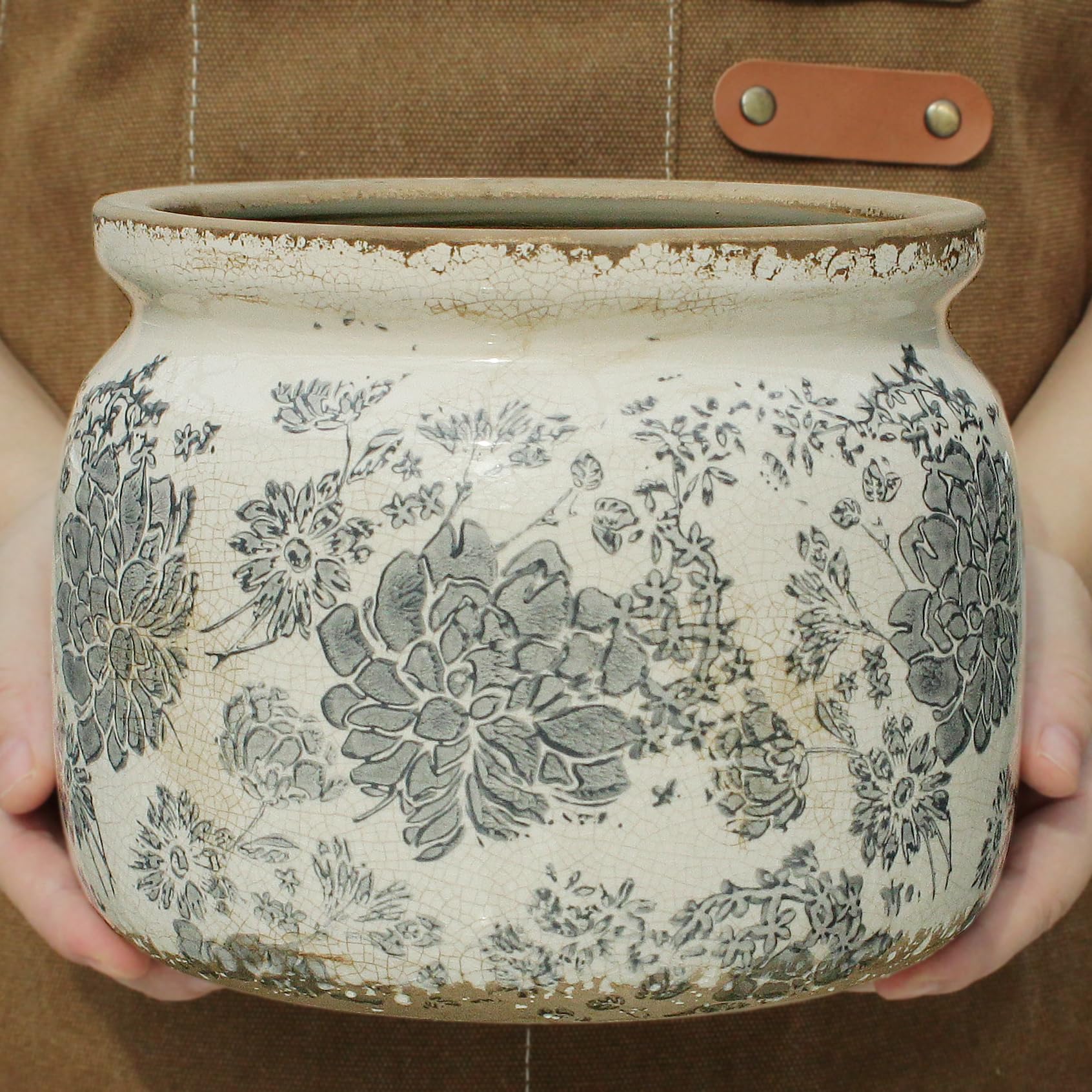 Ceramic plant pot with ferns, showcasing its use in a home setting