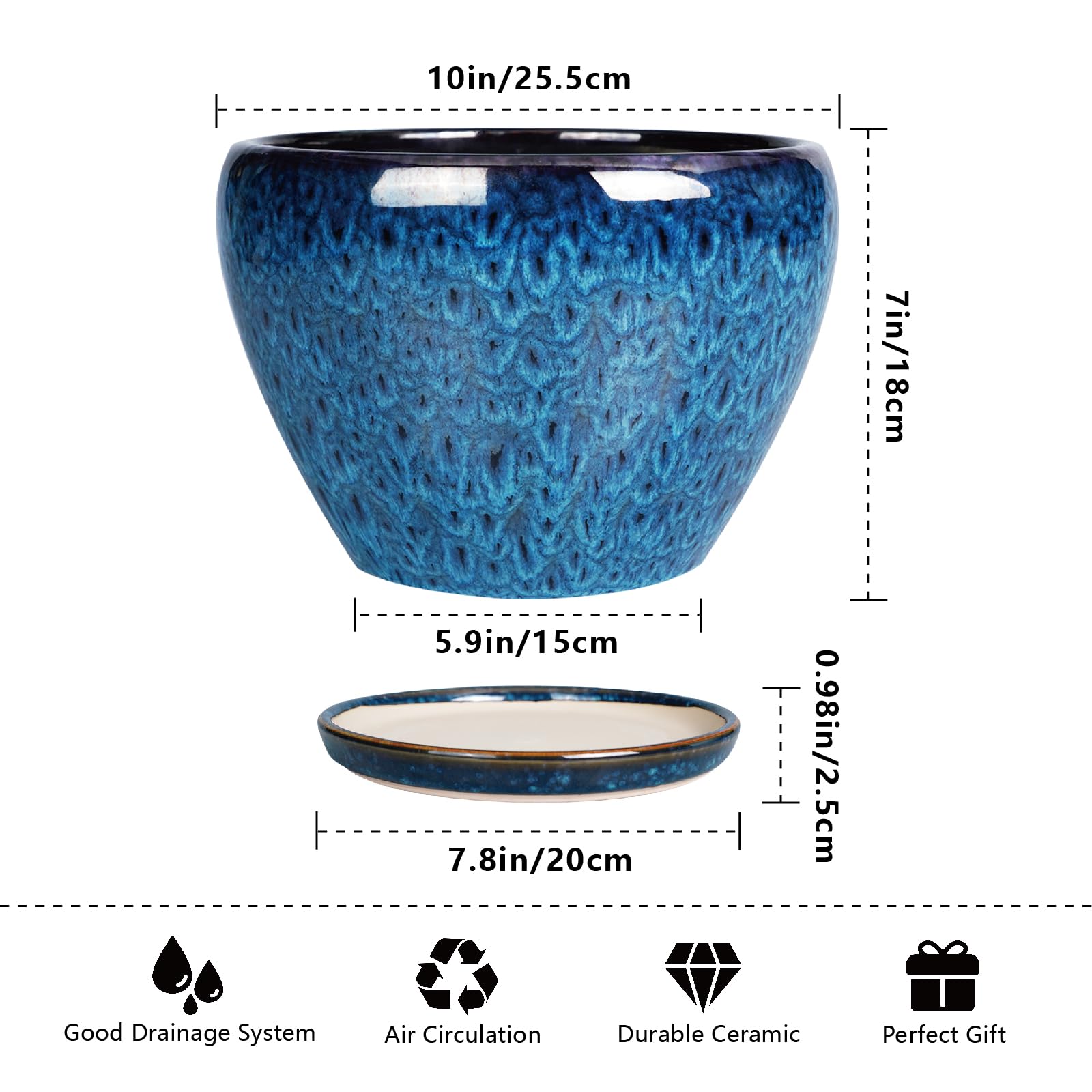 Ceramicfor 10 Inch Blue Plant Pot with saucer