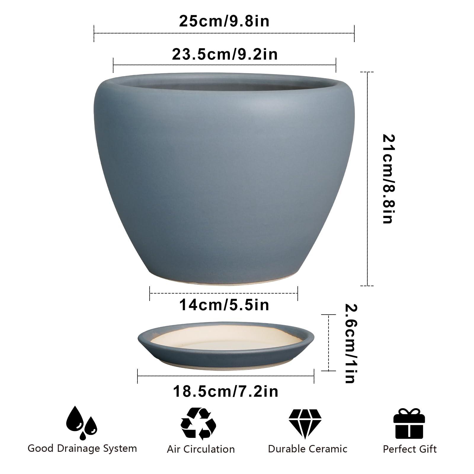 Ceramicfor 10 Inch Matte Gray Planter Pot side view