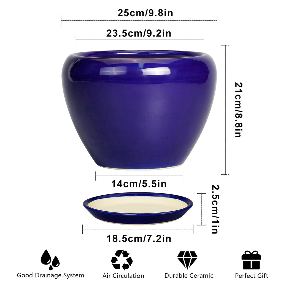Ceramicfor 10 Inch Royal Blue Planter side view with drainage