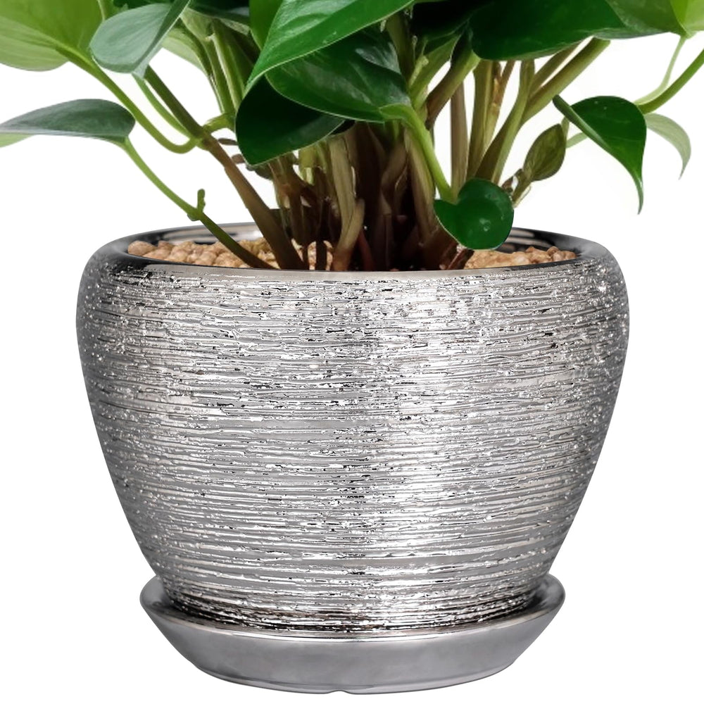 Ceramicfor 6 Inch Ceramic Planter in Silver with Saucer