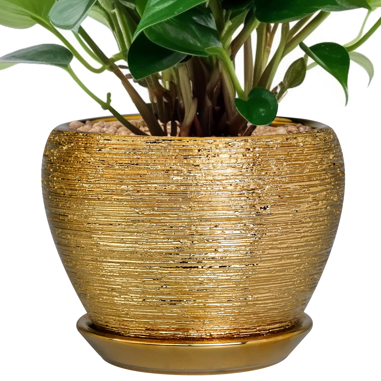 Ceramicfor 6 Inch Indoor Plant Pot in gold with drainage hole