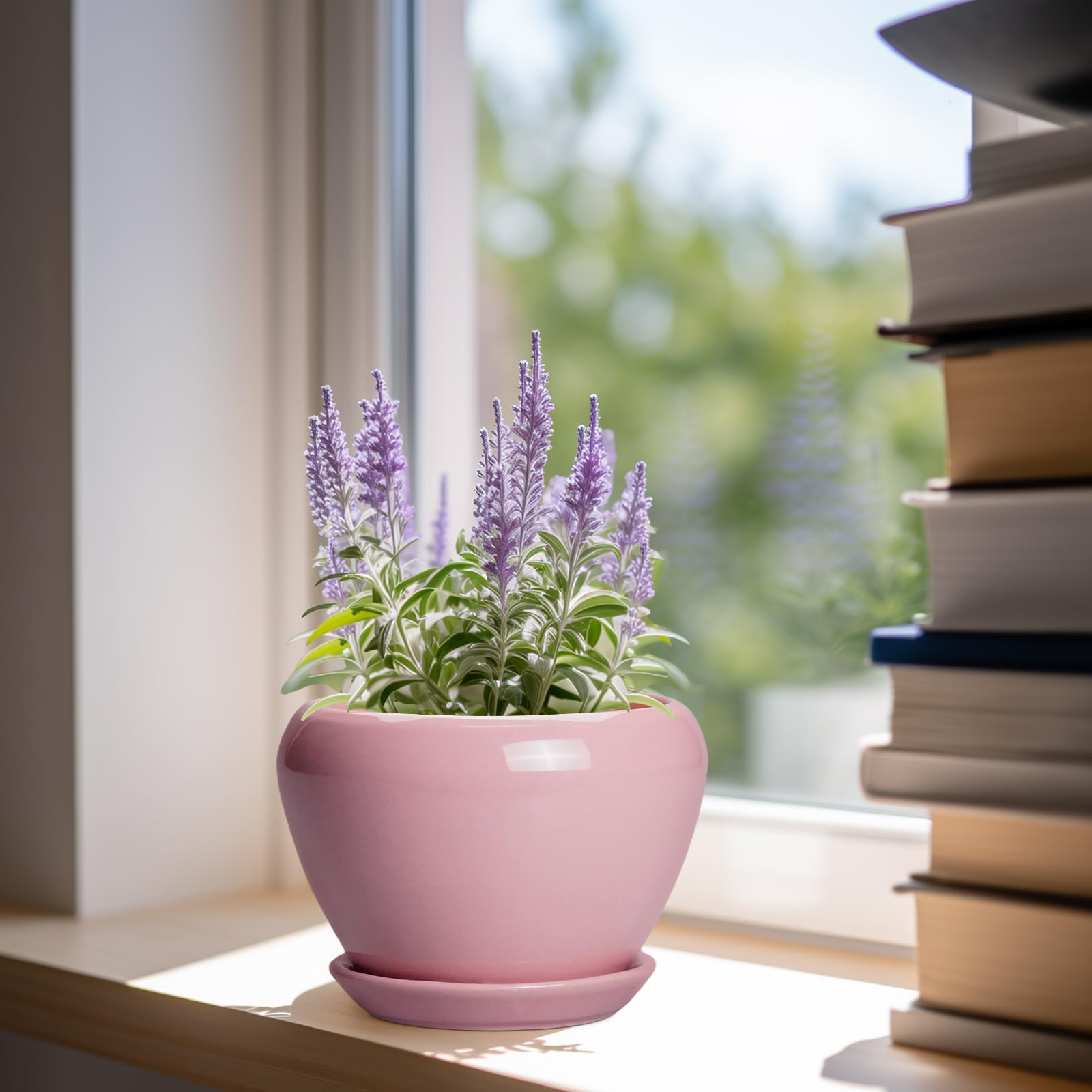Ceramicfor 6 Inch Pink Plant Pot side view with saucer