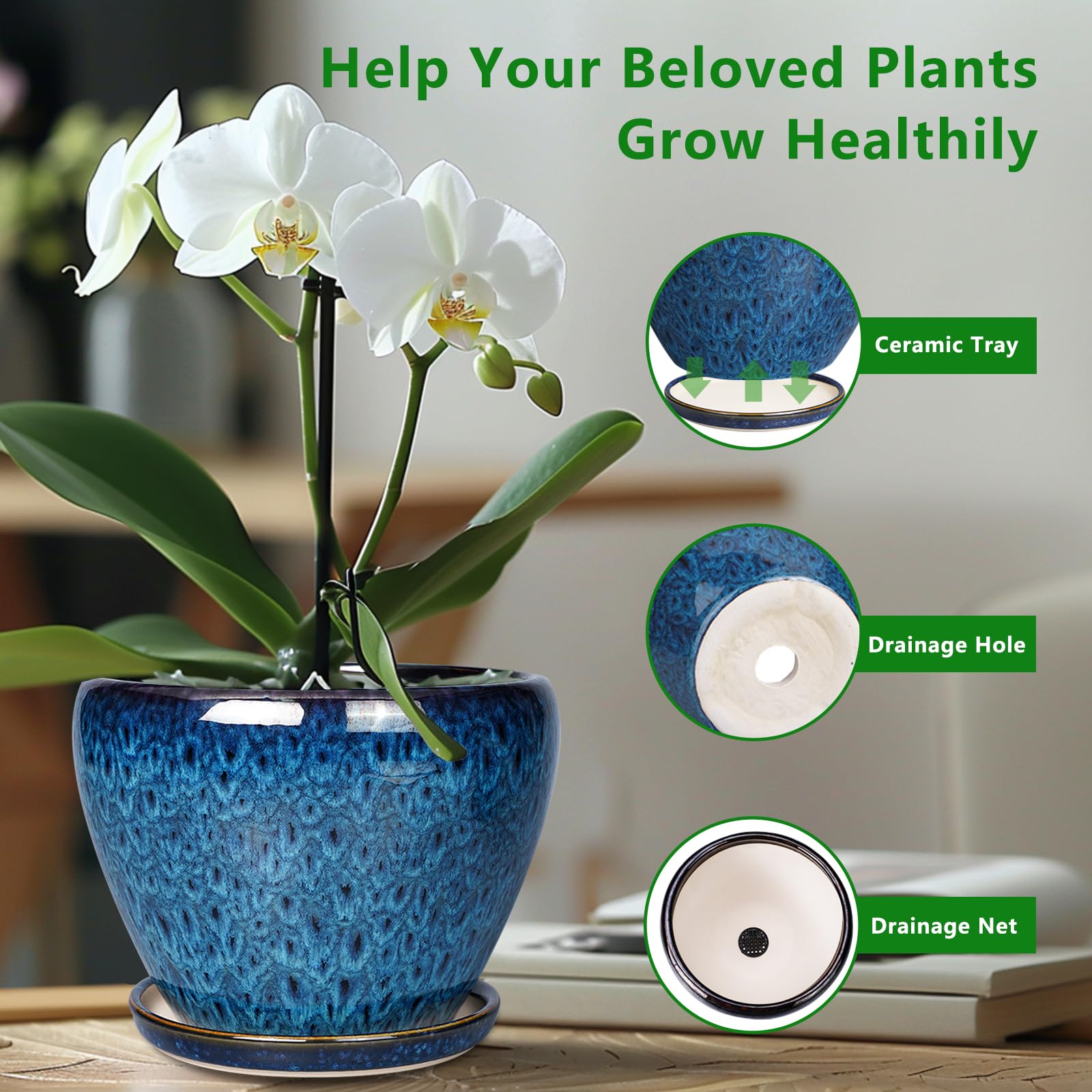 Ceramicfor 8 Inch Blue Plant Pot on a patio table