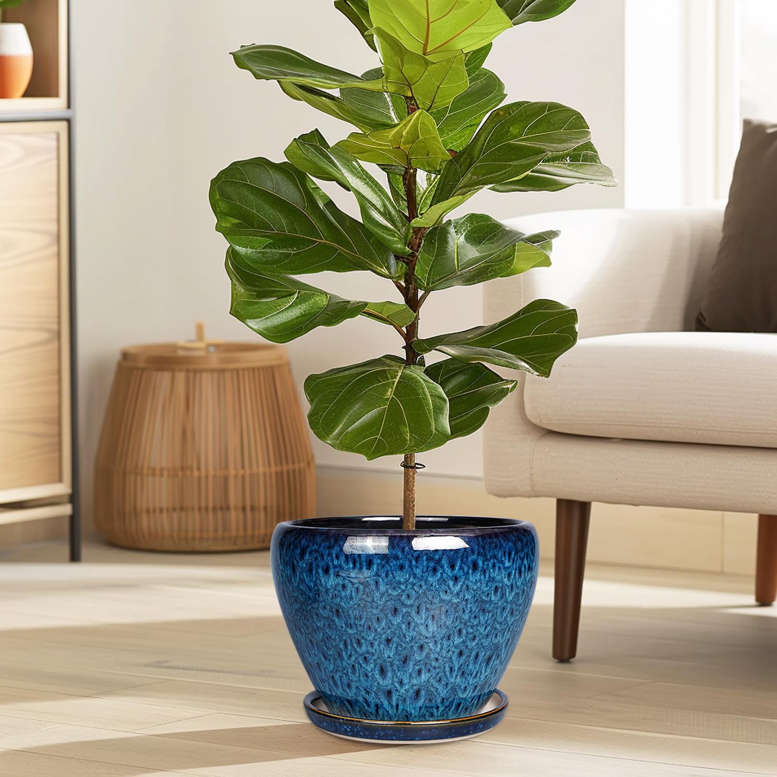 Ceramicfor 8 Inch Blue Plant Pot with drainage hole