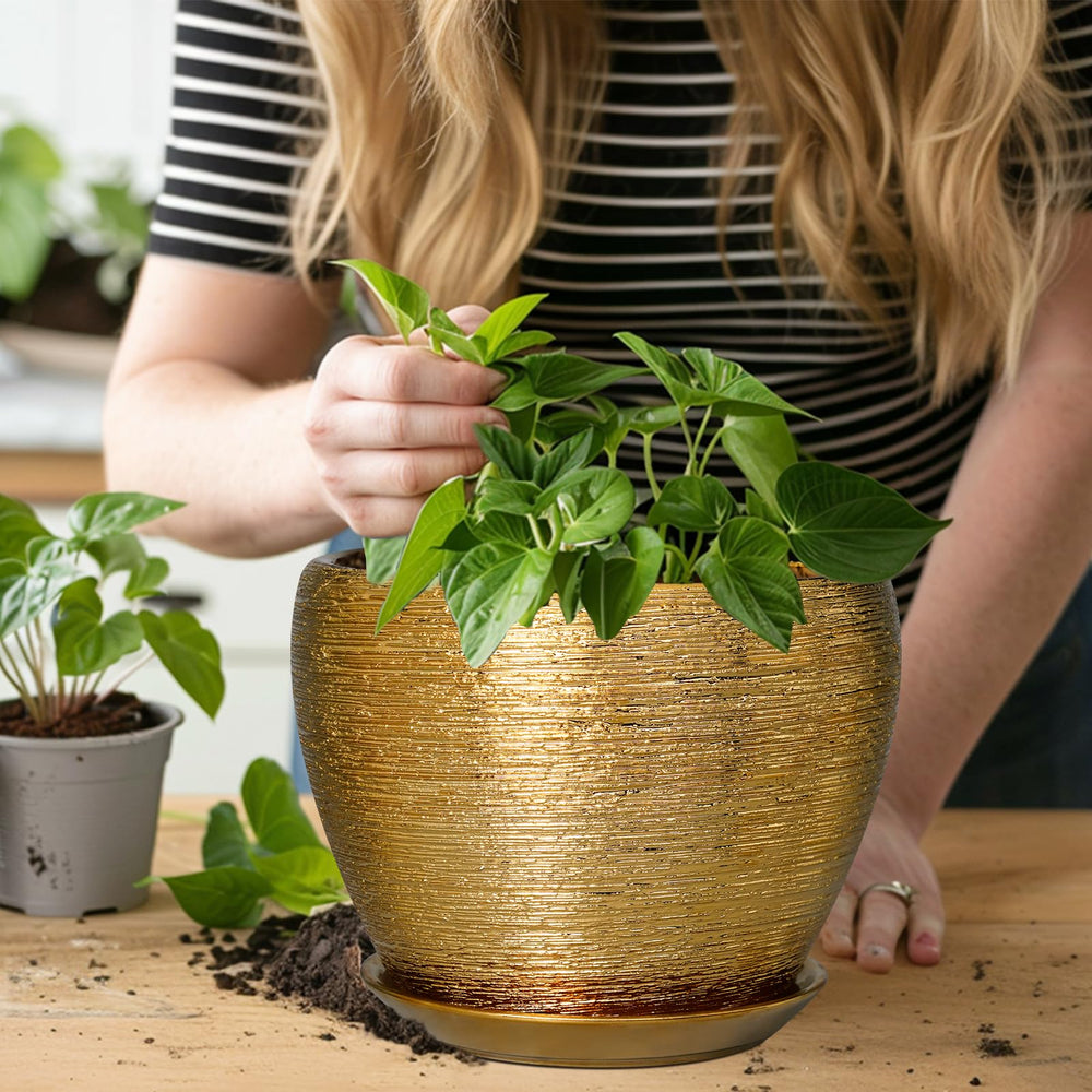 Ceramicfor 8 Inch Gold Planter on a patio with outdoor plants