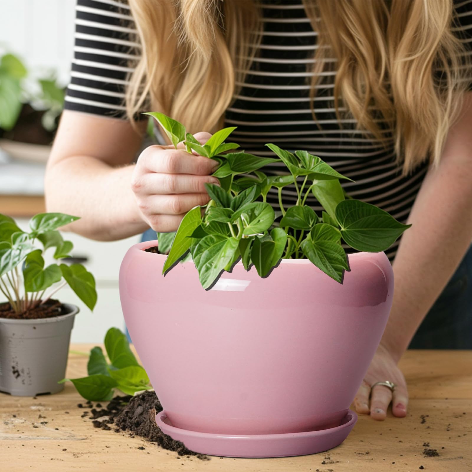 Ceramicfor 8 Inch pink planter pot in a living room setting