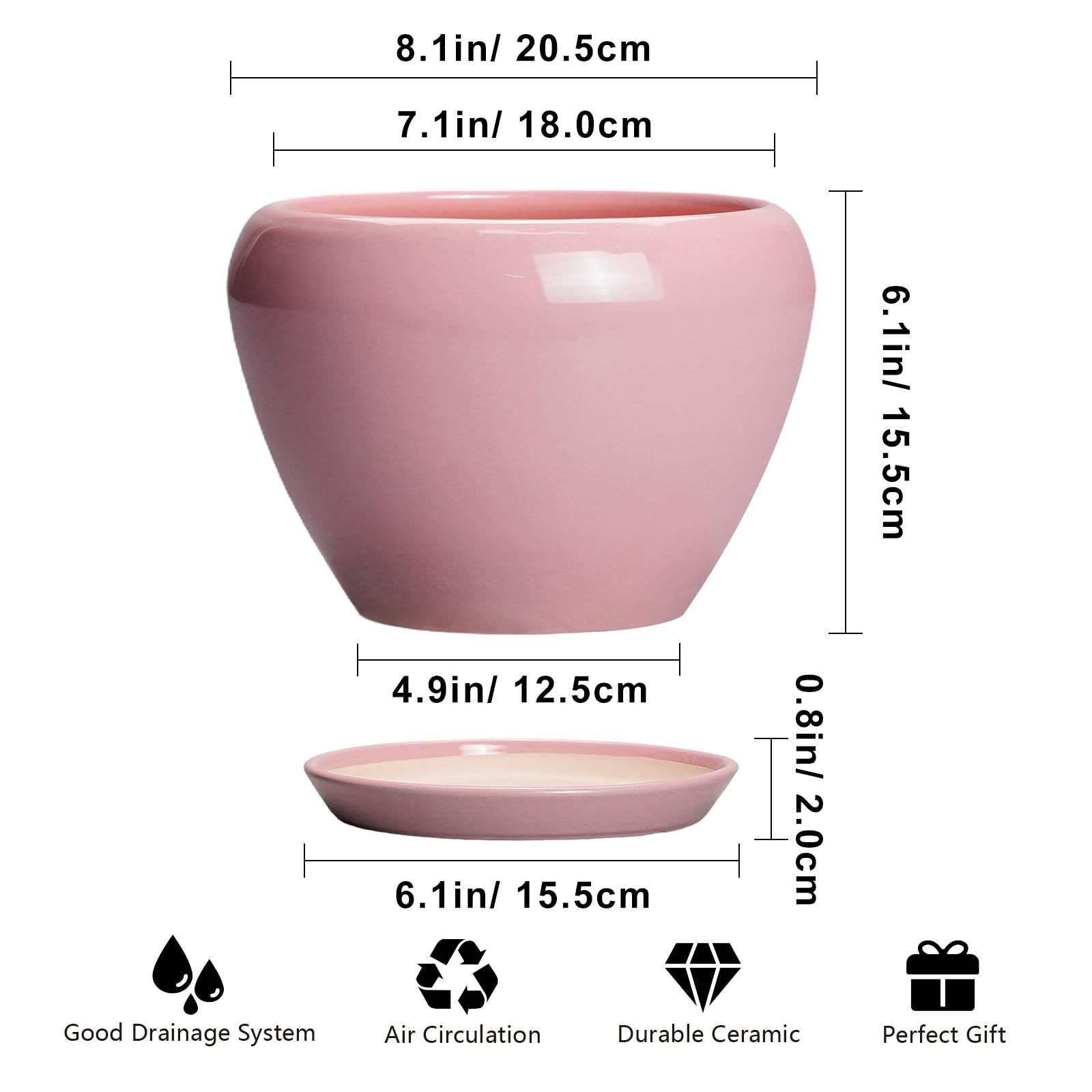 Ceramicfor 8 Inch pink planter pot with saucer and drainage net