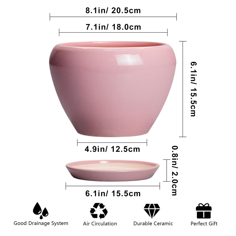 Ceramicfor 8 Inch pink planter pot with saucer and drainage net