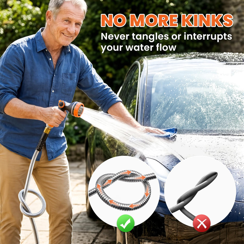 Cesun 100 ft Metal Garden Hose connected to outdoor tap