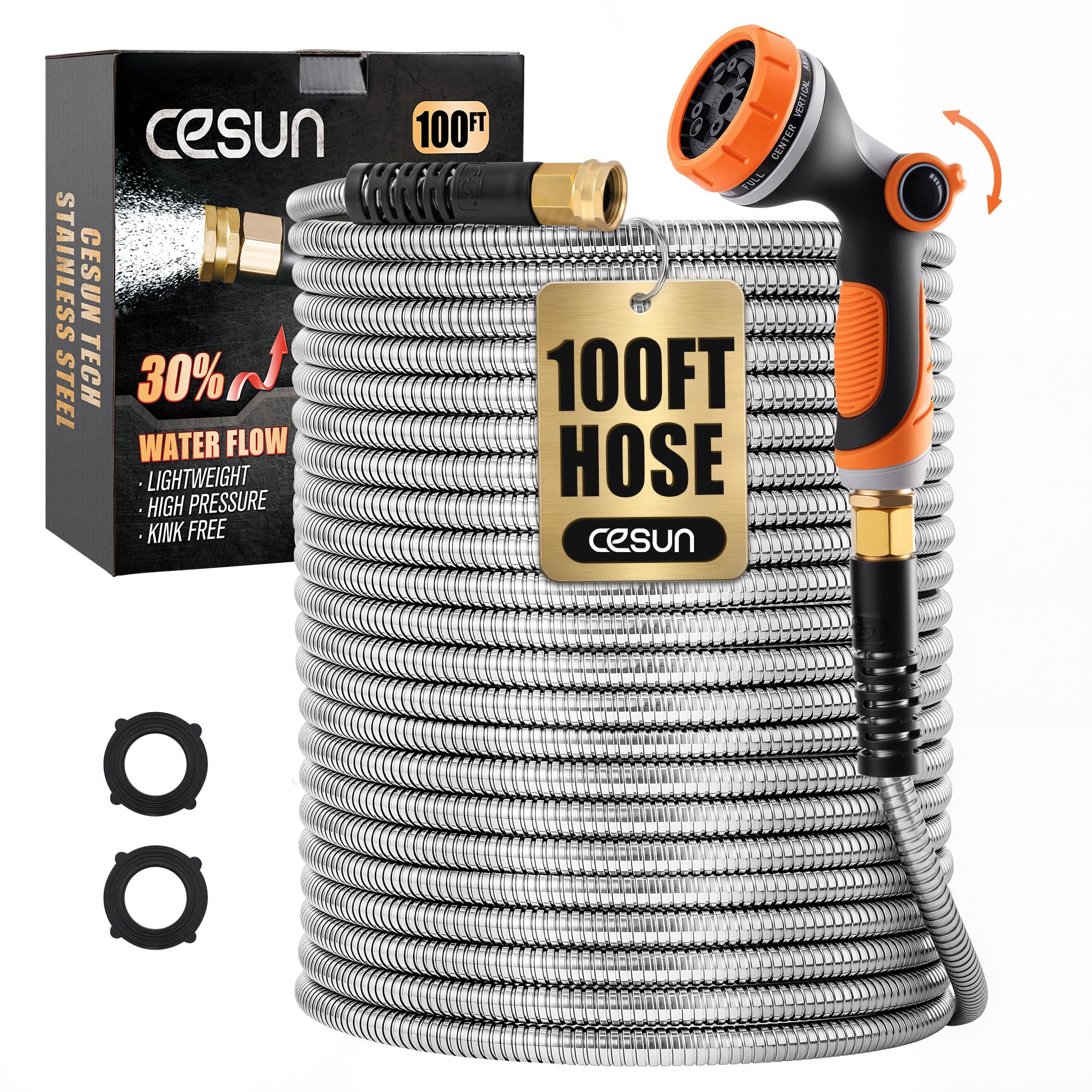 Cesun 100 ft Metal Garden Hose front view with silver finish